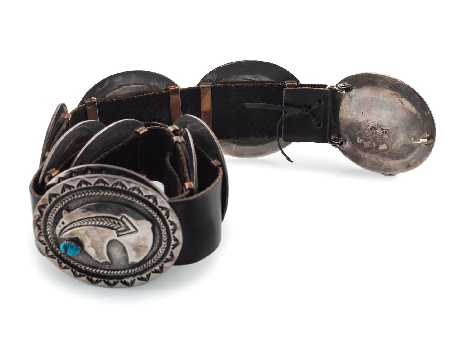 Navajo Cast Sterling Silver and Turquoise Concha Belt, with Heartline Bear Design