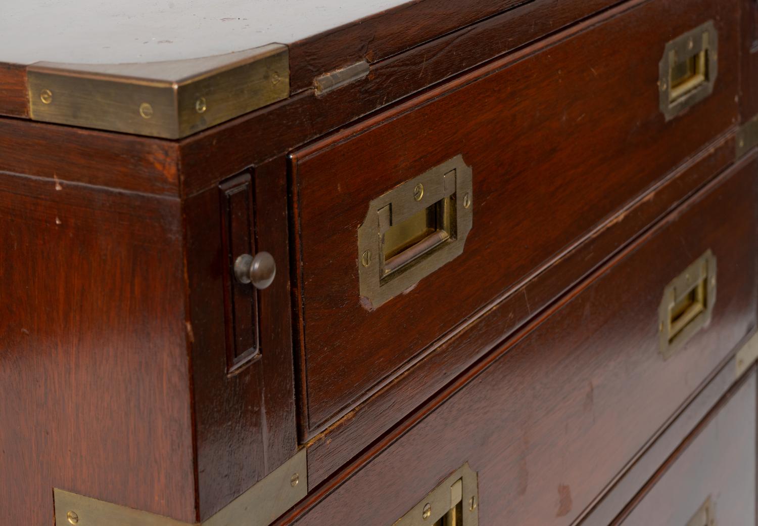 A Diminutive English Campaign Style Brass Mounted Mahogany Chest of Drawers — 20TH CENTURY
