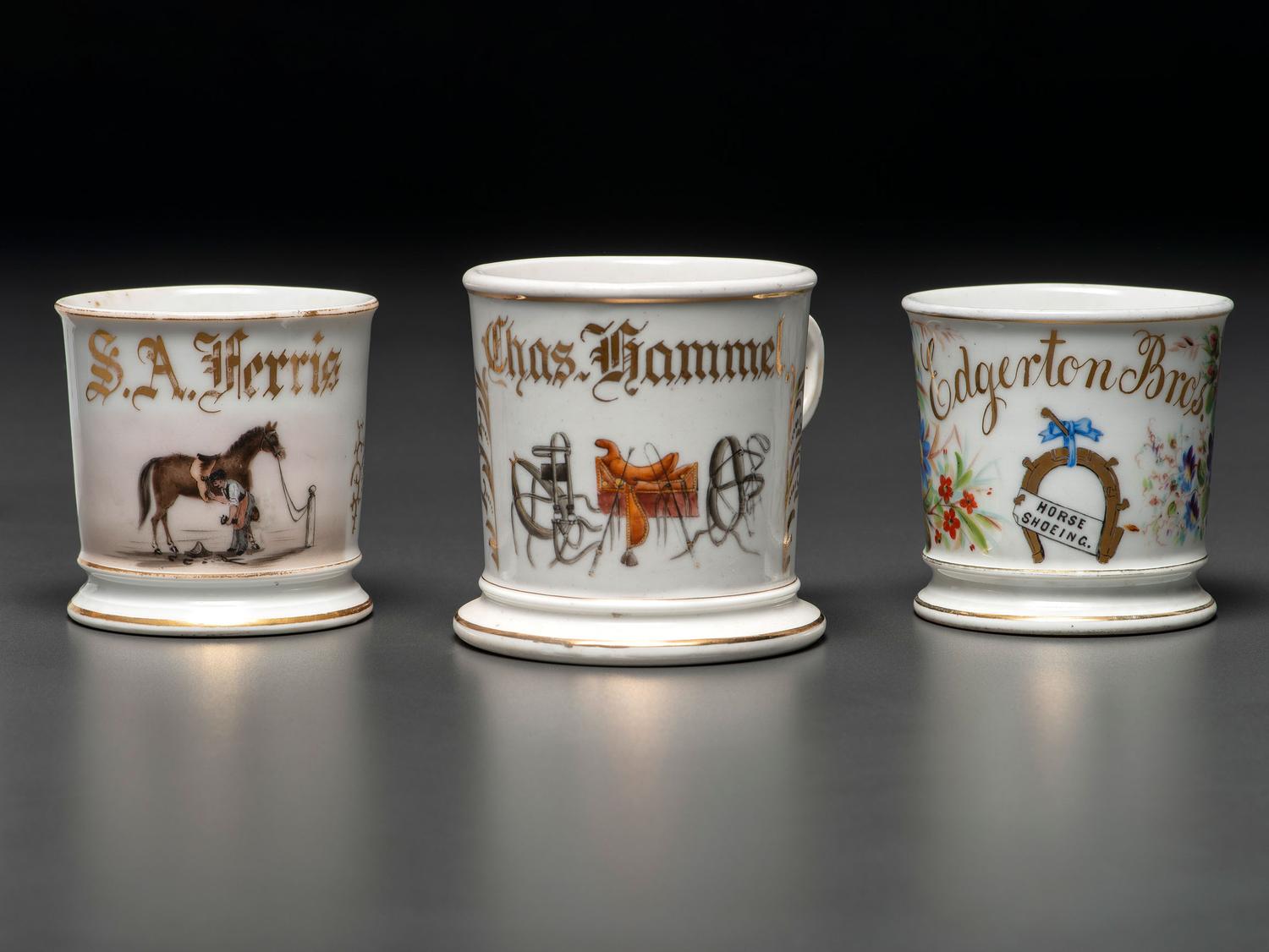 Three Equestrian Occupational Porcelain Shaving Mugs