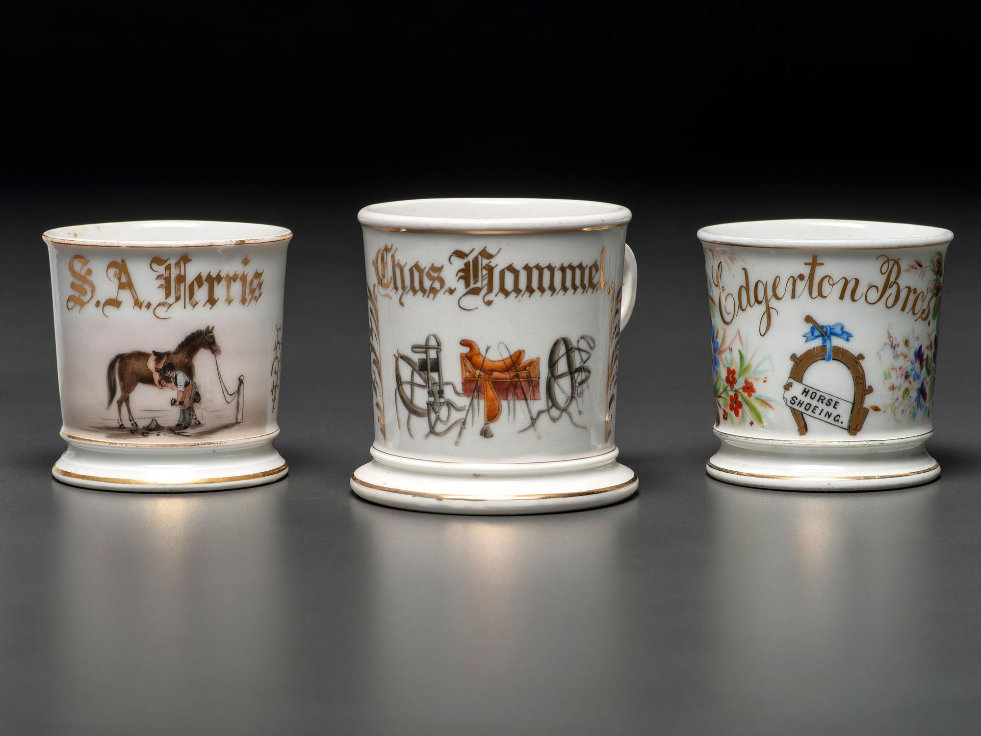 Three Equestrian Occupational Porcelain Shaving Mugs