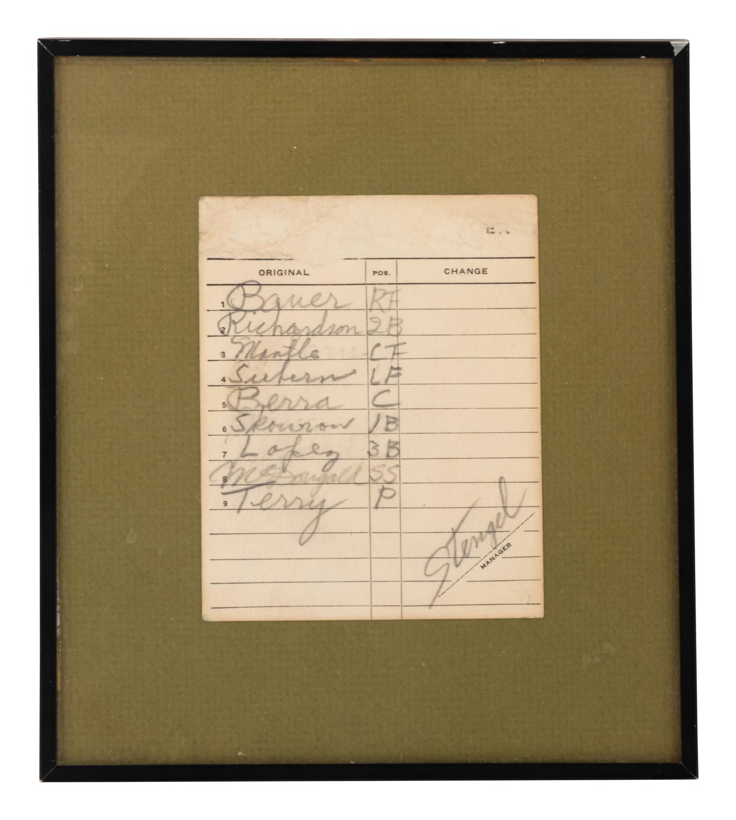 A 1959 Casey Stengel Signed New York Yankees Official Lineup Card with Mickey Mantle and Yogi Berra,