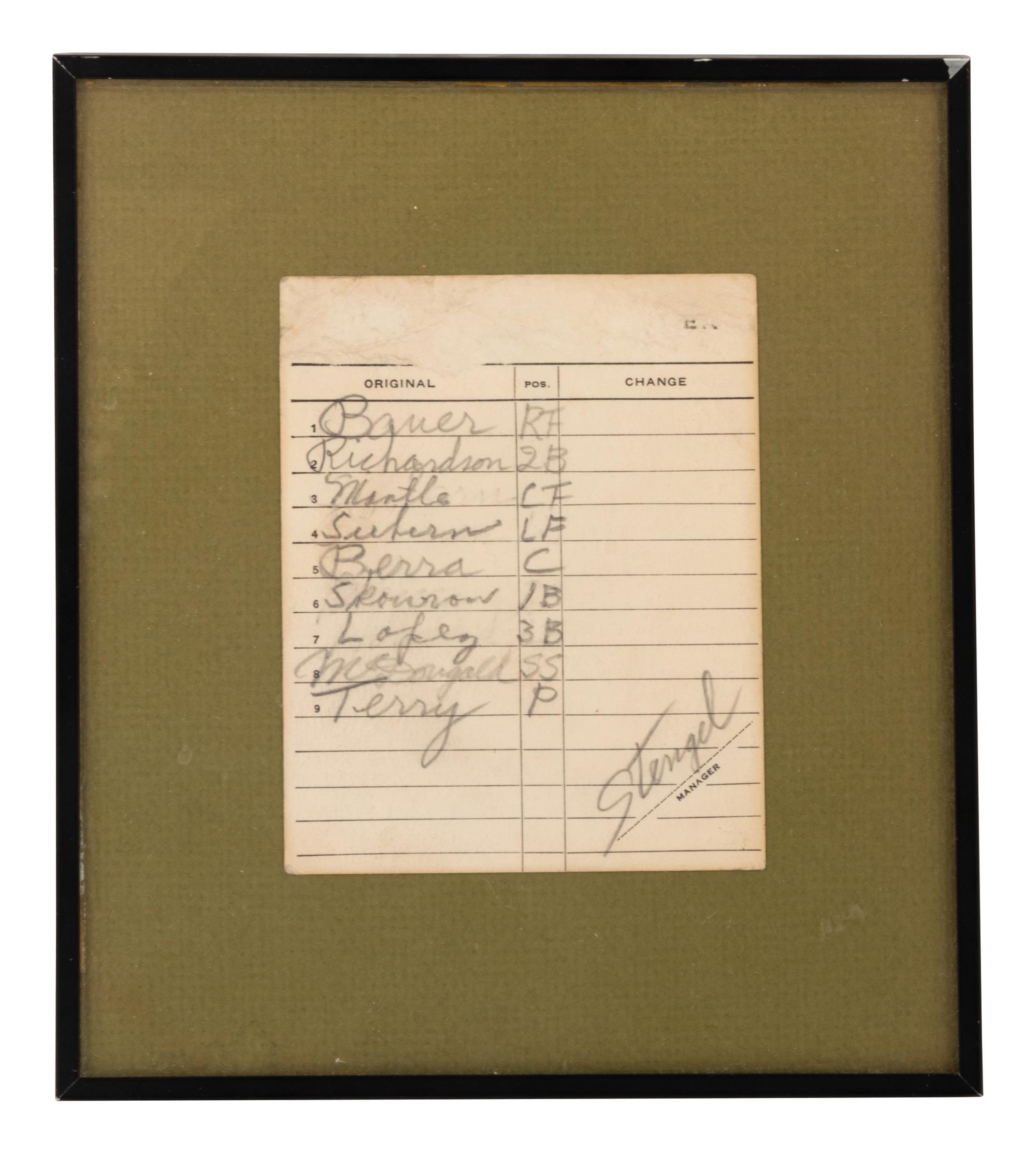 A 1959 Casey Stengel Signed New York Yankees Official Lineup Card with Mickey Mantle and Yogi Berra,