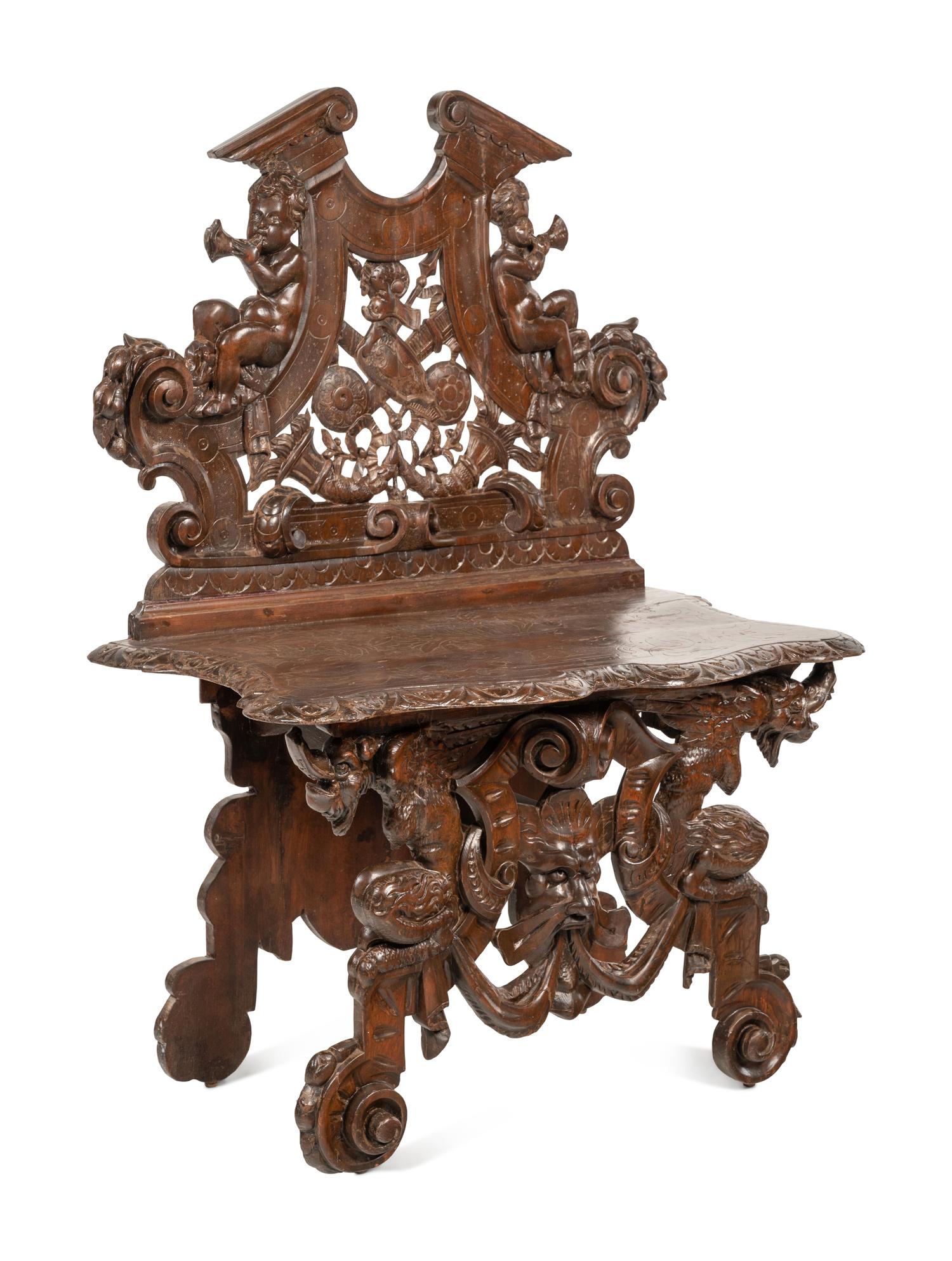 An Italian Baroque Style Carved Walnut Hall Bench