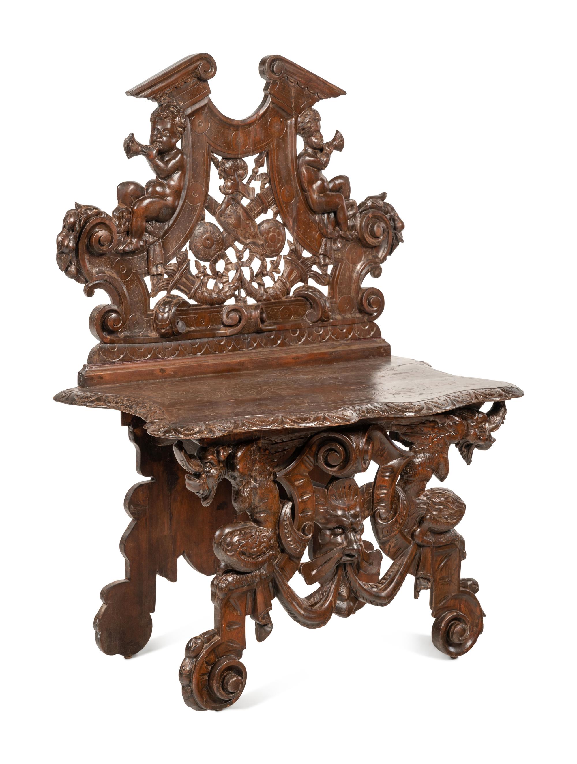 An Italian Baroque Style Carved Walnut Hall Bench