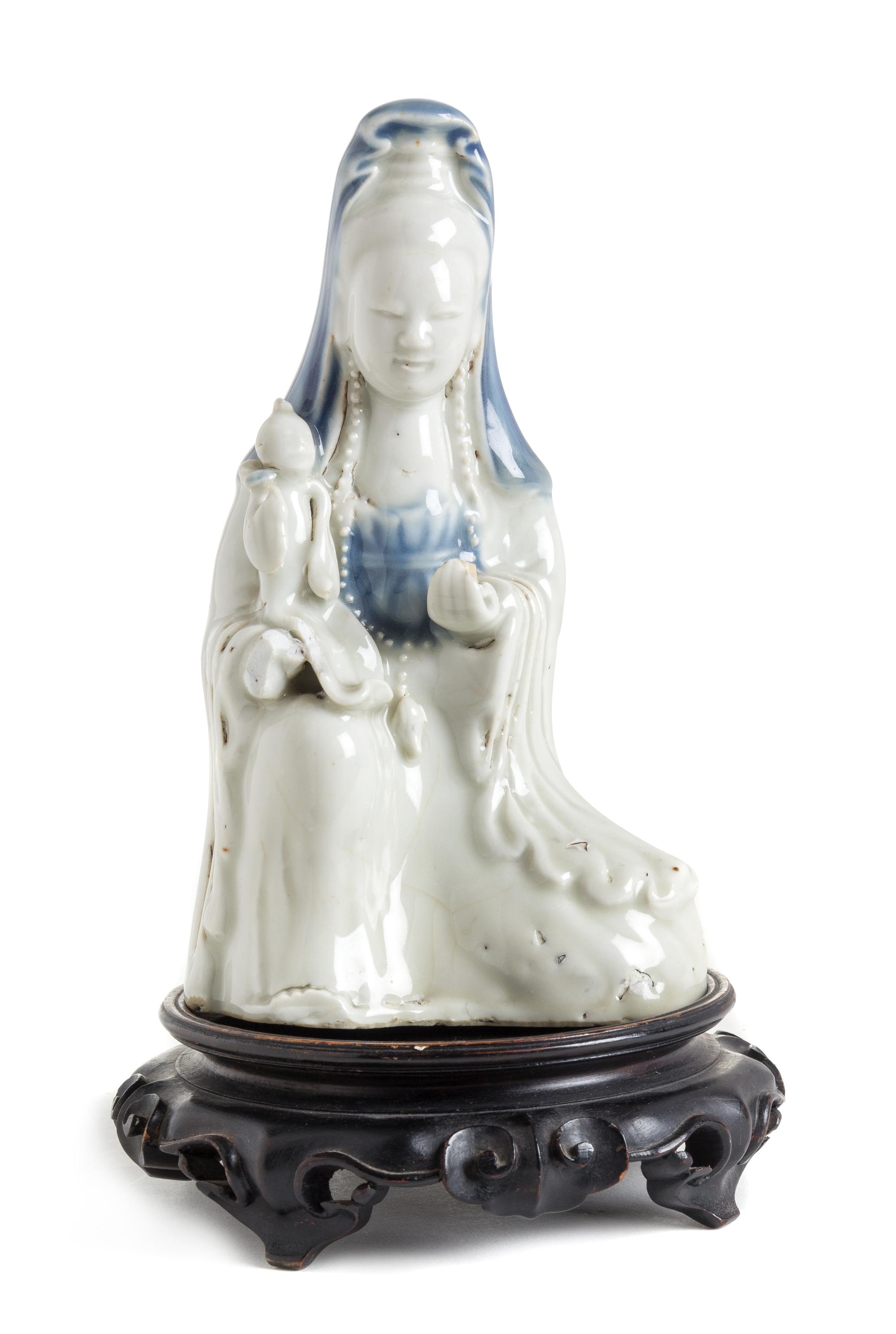 A Blue Decorated White Glazed Porcelain Figure of Guanyin Height 7 3/4 inches.