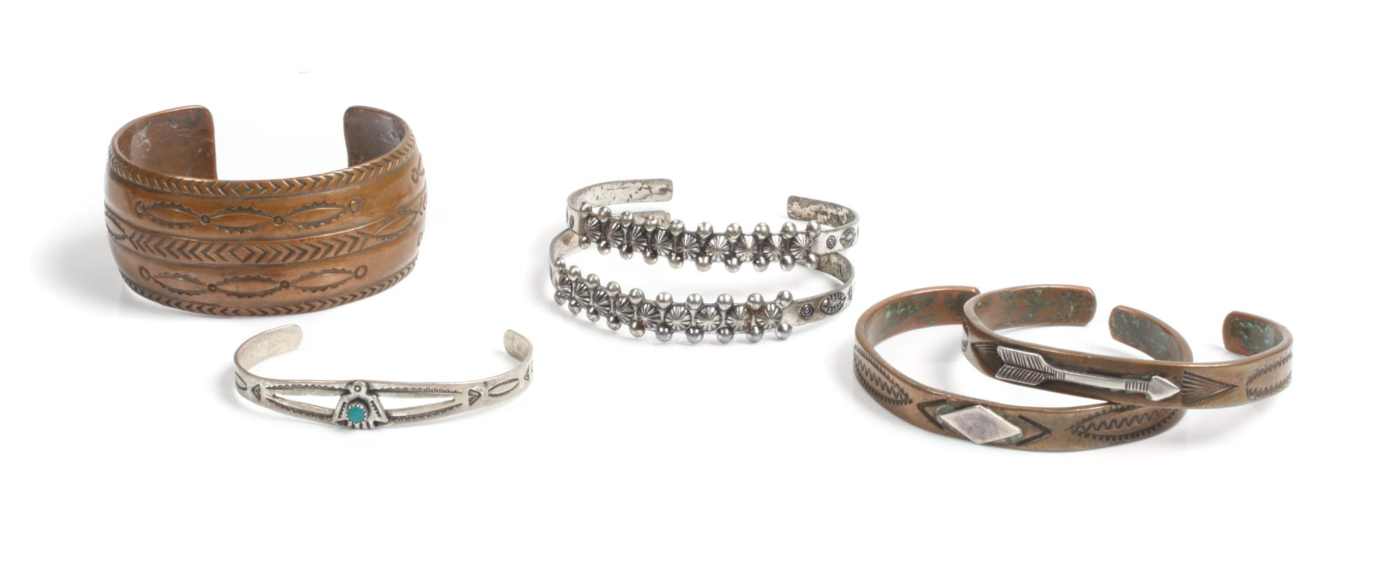 Six Southwestern Bracelets Length of largest 5 7/8 x opening 1 1/8 x width 1 1/8 inches