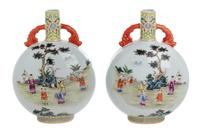 A Pair of Chinese Polychrome Pilgrim Jars Height 12 1/4 inches. — 20TH CENTURY