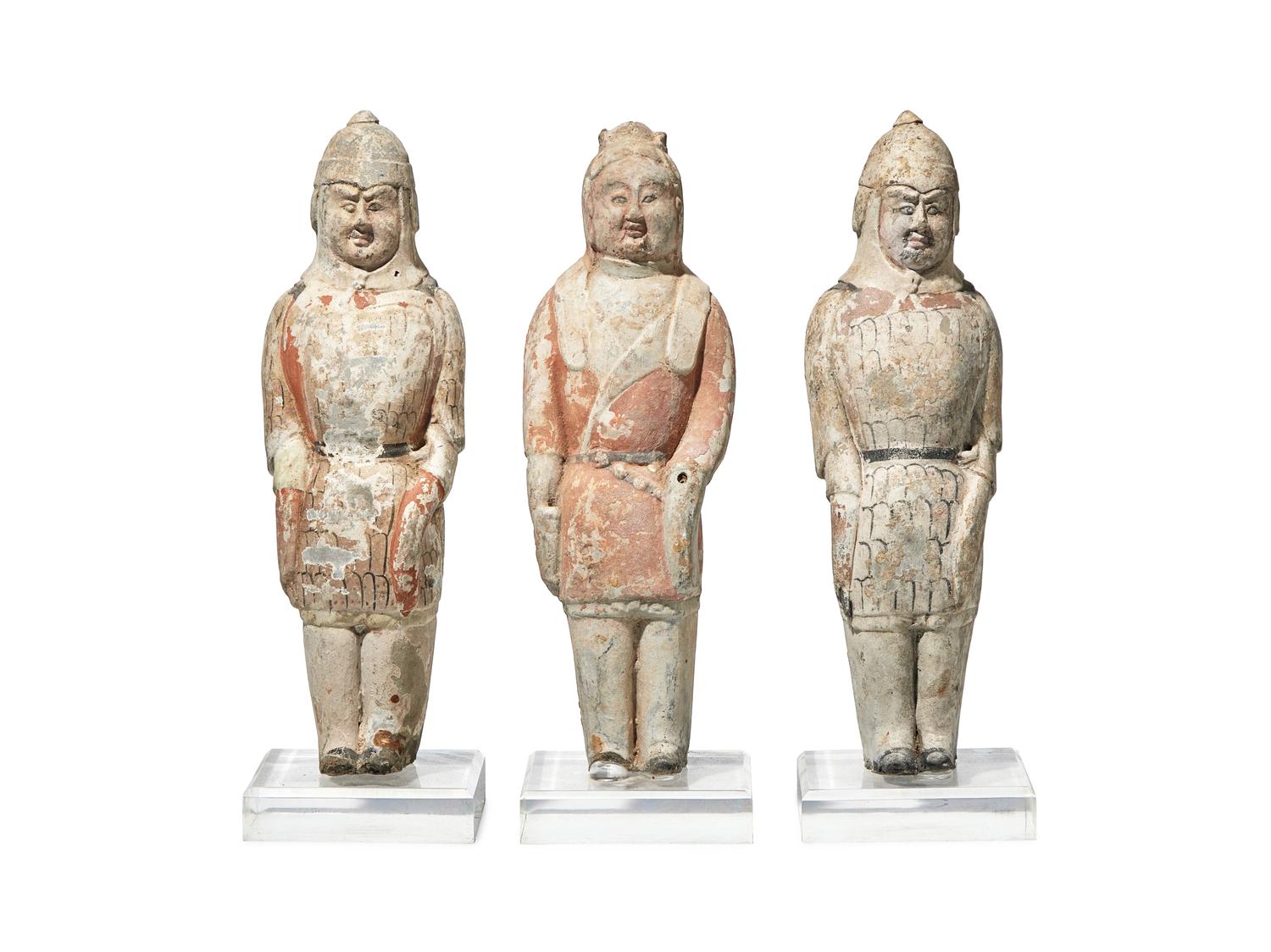 Three Chinese Painted Pottery Figures of Soldiers, Northern Qi Dynasty (550-577)