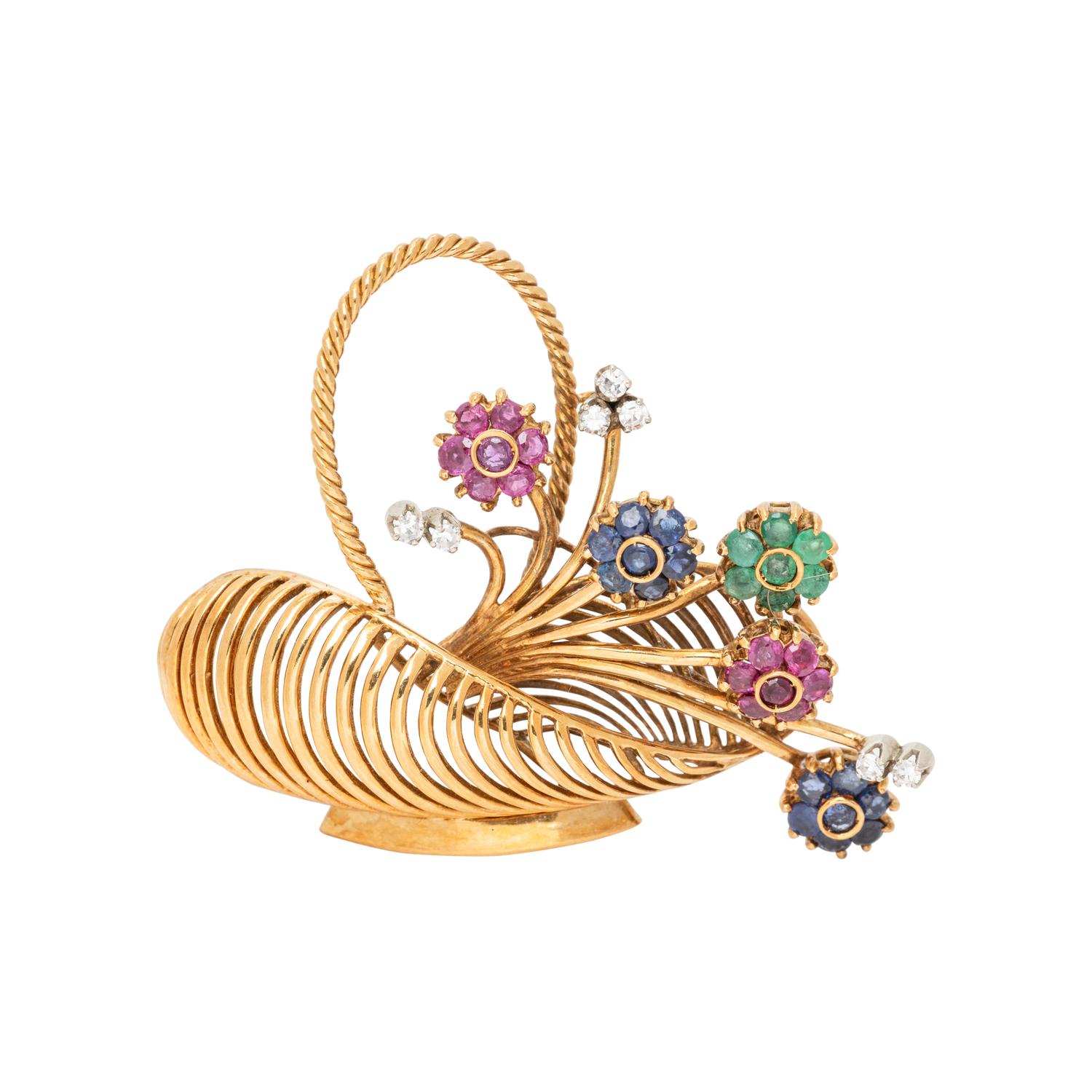 YELLOW GOLD AND MULTIGEM FLOWER BASKET BROOCH