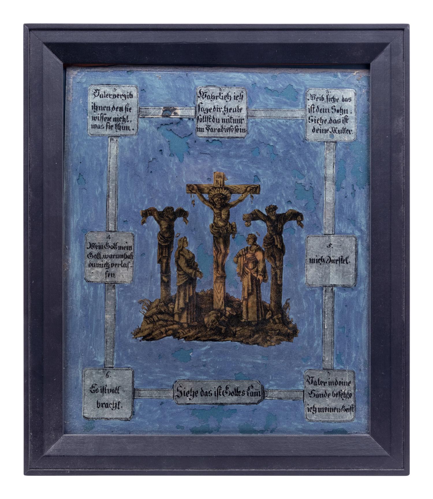 A Continental Reverse Painting on Glass Depicting the Three Crosses
