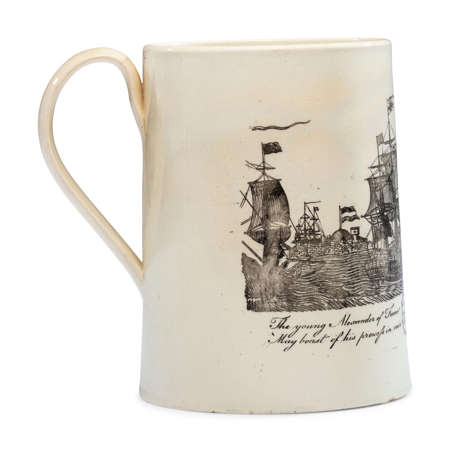 A Creamware Transfer-Printed Tankard with Naval Battle Scene