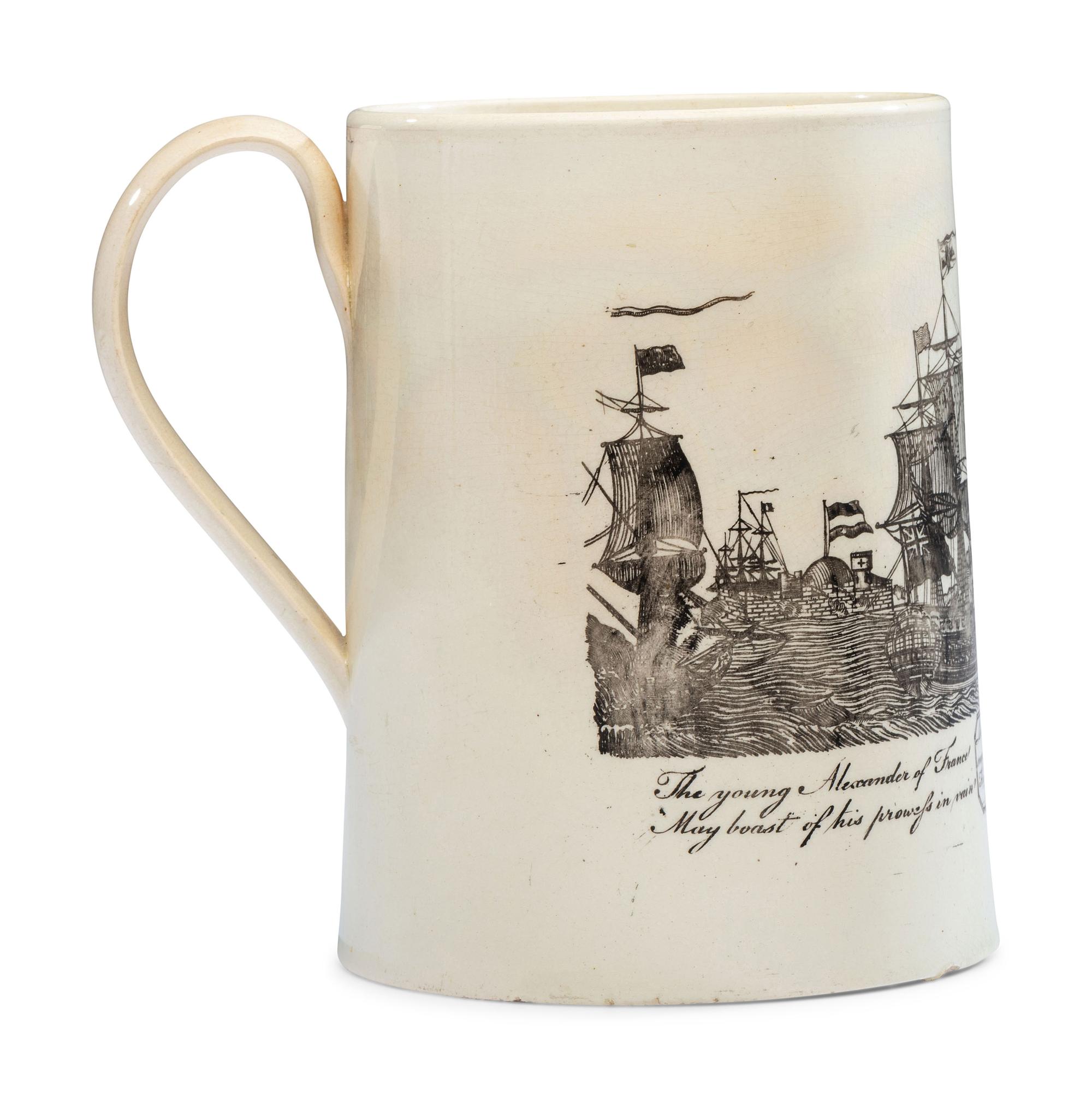 A Creamware Transfer-Printed Tankard with Naval Battle Scene