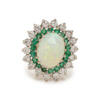 OPAL, EMERALD, AND DIAMOND RING