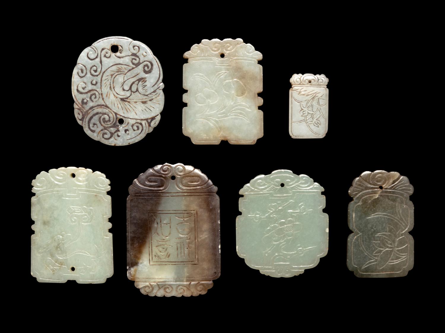 Seven Chinese Celadon Jade Carved Plaques