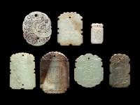Seven Chinese Celadon Jade Carved Plaques