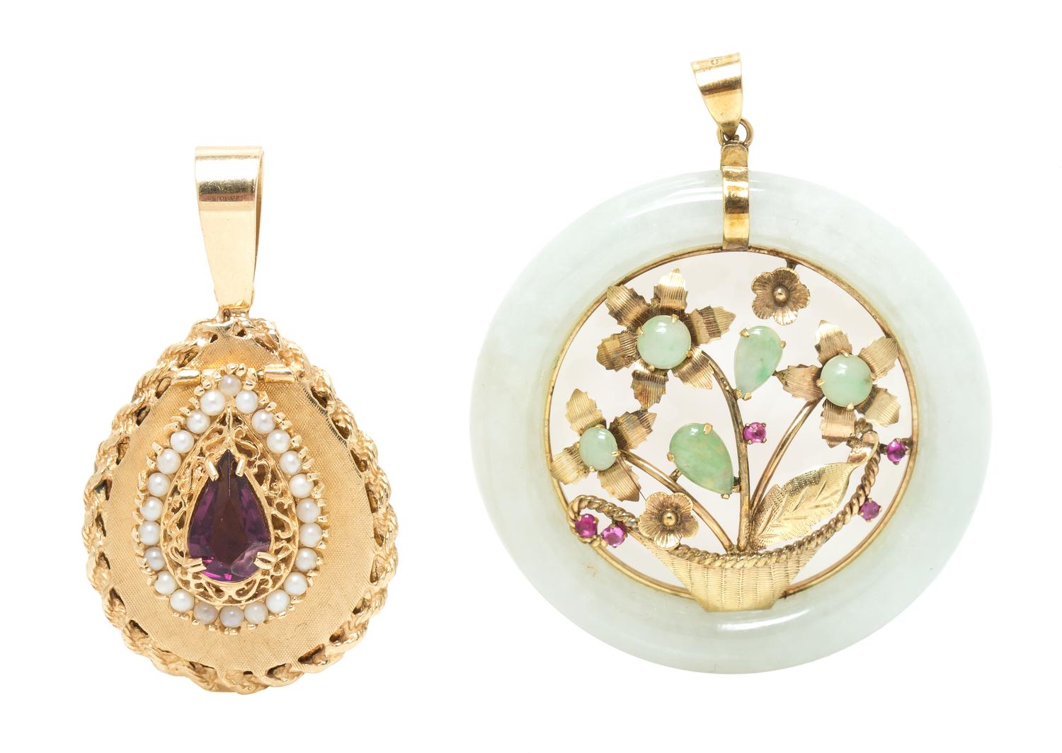 A Collection of Yellow Gold and Multigem Pendants, 27.30 dwts.