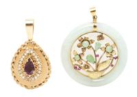 A Collection of Yellow Gold and Multigem Pendants, 27.30 dwts.
