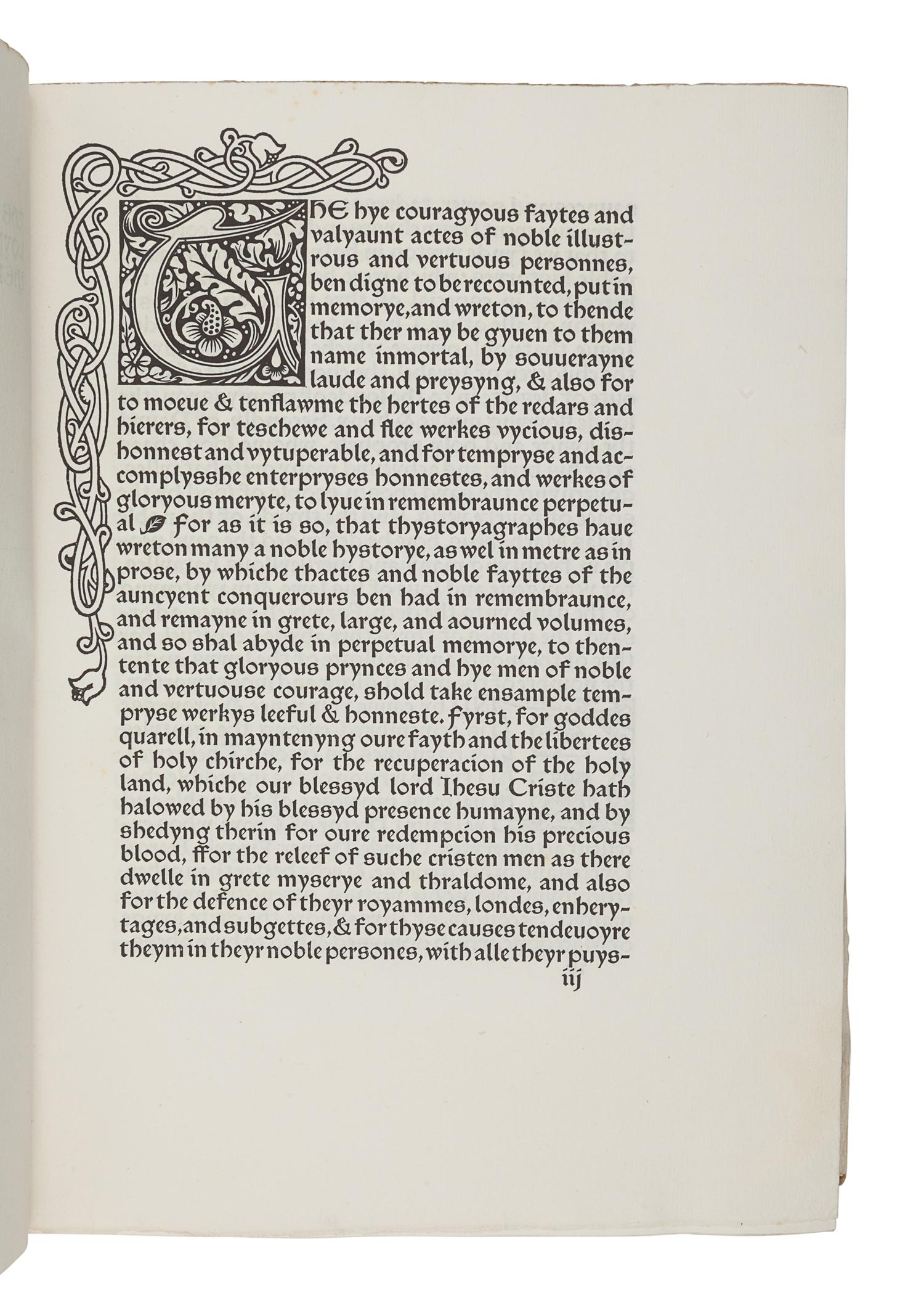 [FINE PRESS & LIVRE D'ARTISTE]. -- [KELMSCOTT PRESS]. [GUILELMUS, Archbishop of Tyre]. The History of Godefrey of Boloyne and of the Conquest of Iherusalem . Edited by H. Halliday Sparling. Hammersmith: Kelmscott Press, 1893.