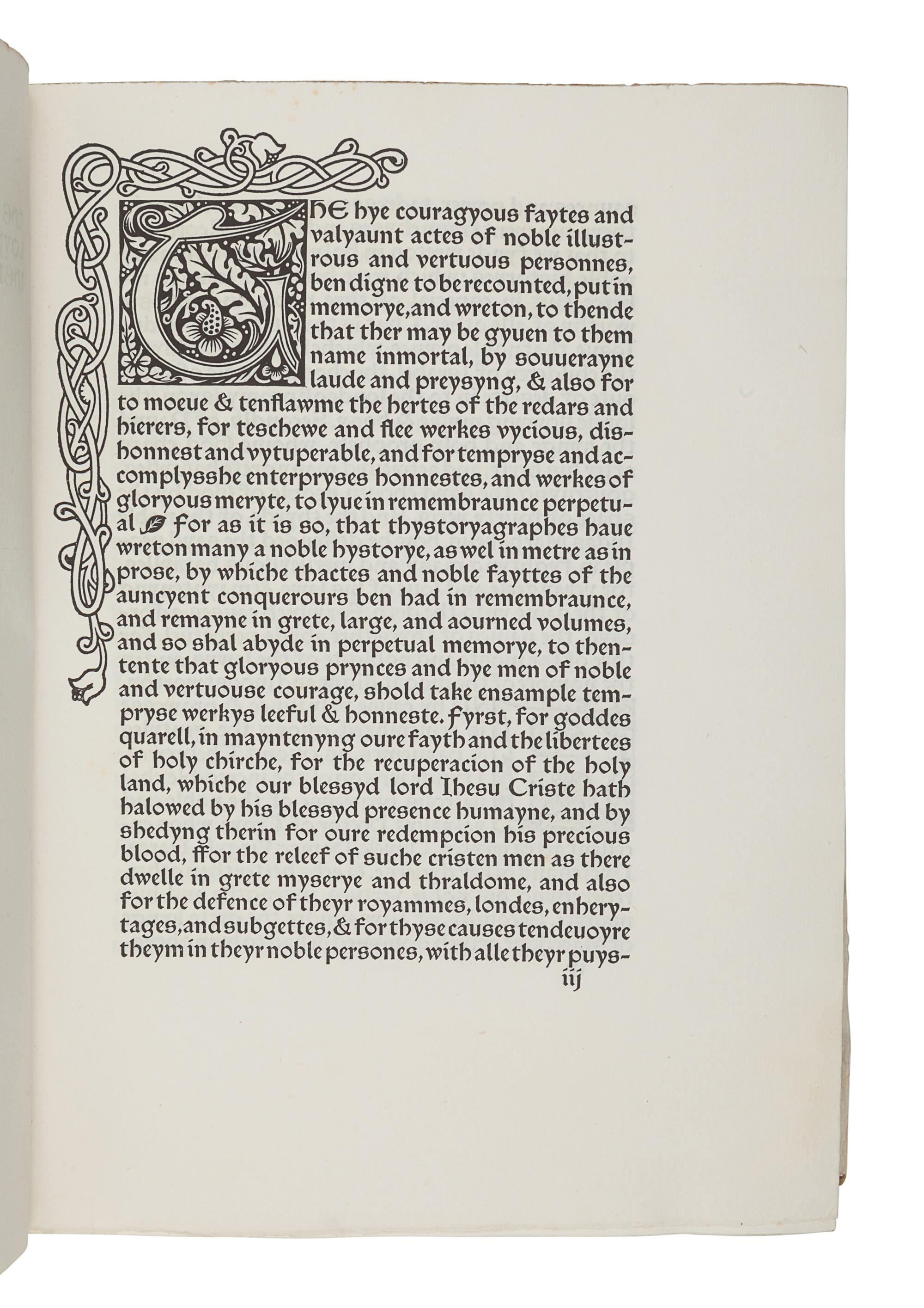 [FINE PRESS & LIVRE D'ARTISTE]. -- [KELMSCOTT PRESS]. [GUILELMUS, Archbishop of Tyre]. The History of Godefrey of Boloyne and of the Conquest of Iherusalem . Edited by H. Halliday Sparling. Hammersmith: Kelmscott Press, 1893.
