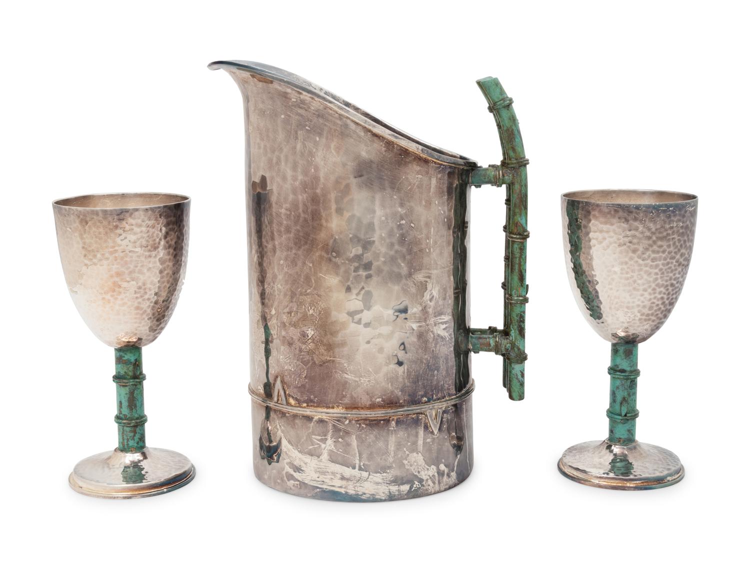 An Emilia Castillo Silver-Plate and Hardstone Mounted Water Pitcher and Two Goblets