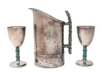 An Emilia Castillo Silver-Plate and Hardstone Mounted Water Pitcher and Two Goblets