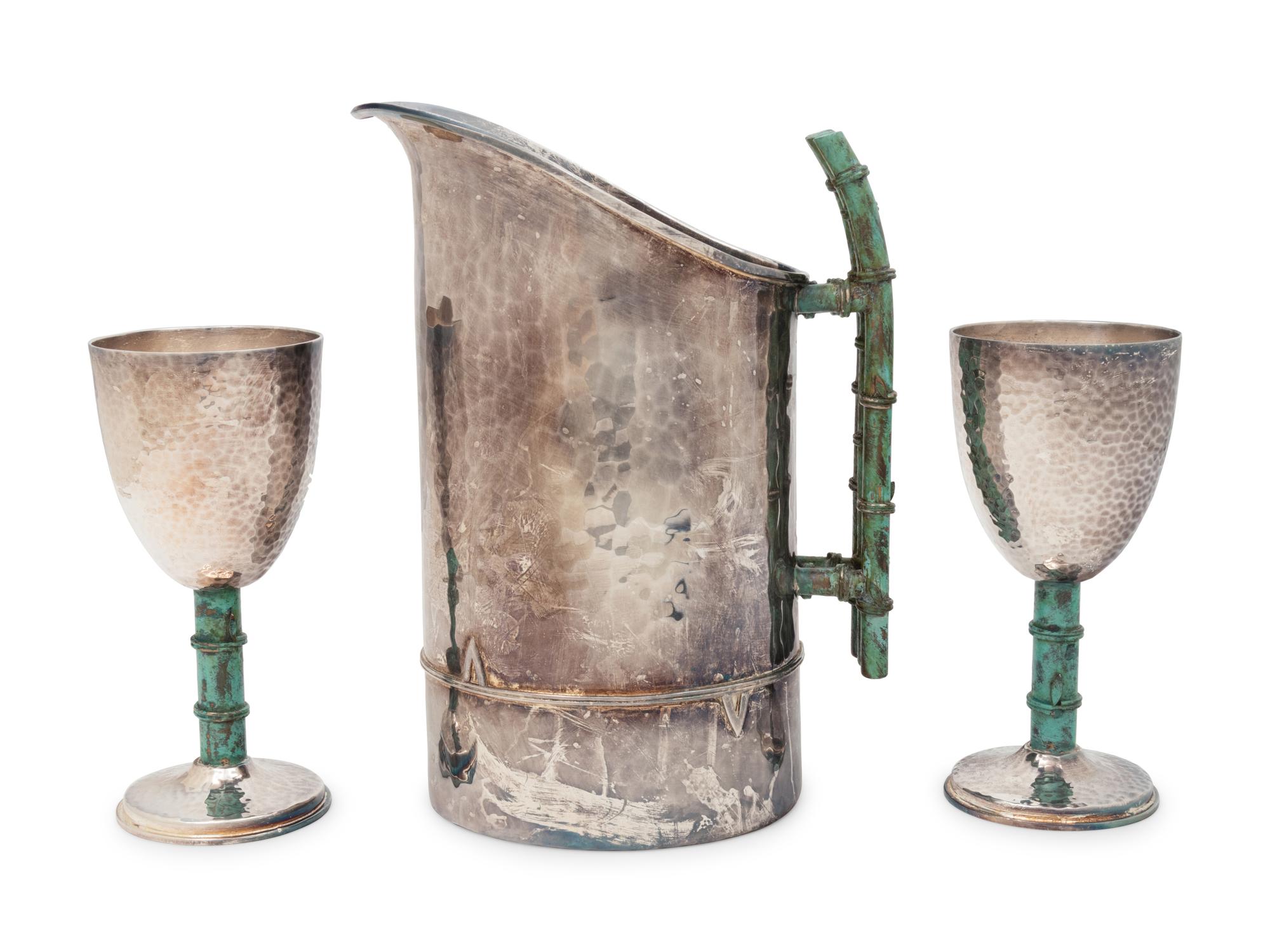 An Emilia Castillo Silver-Plate and Hardstone Mounted Water Pitcher and Two Goblets