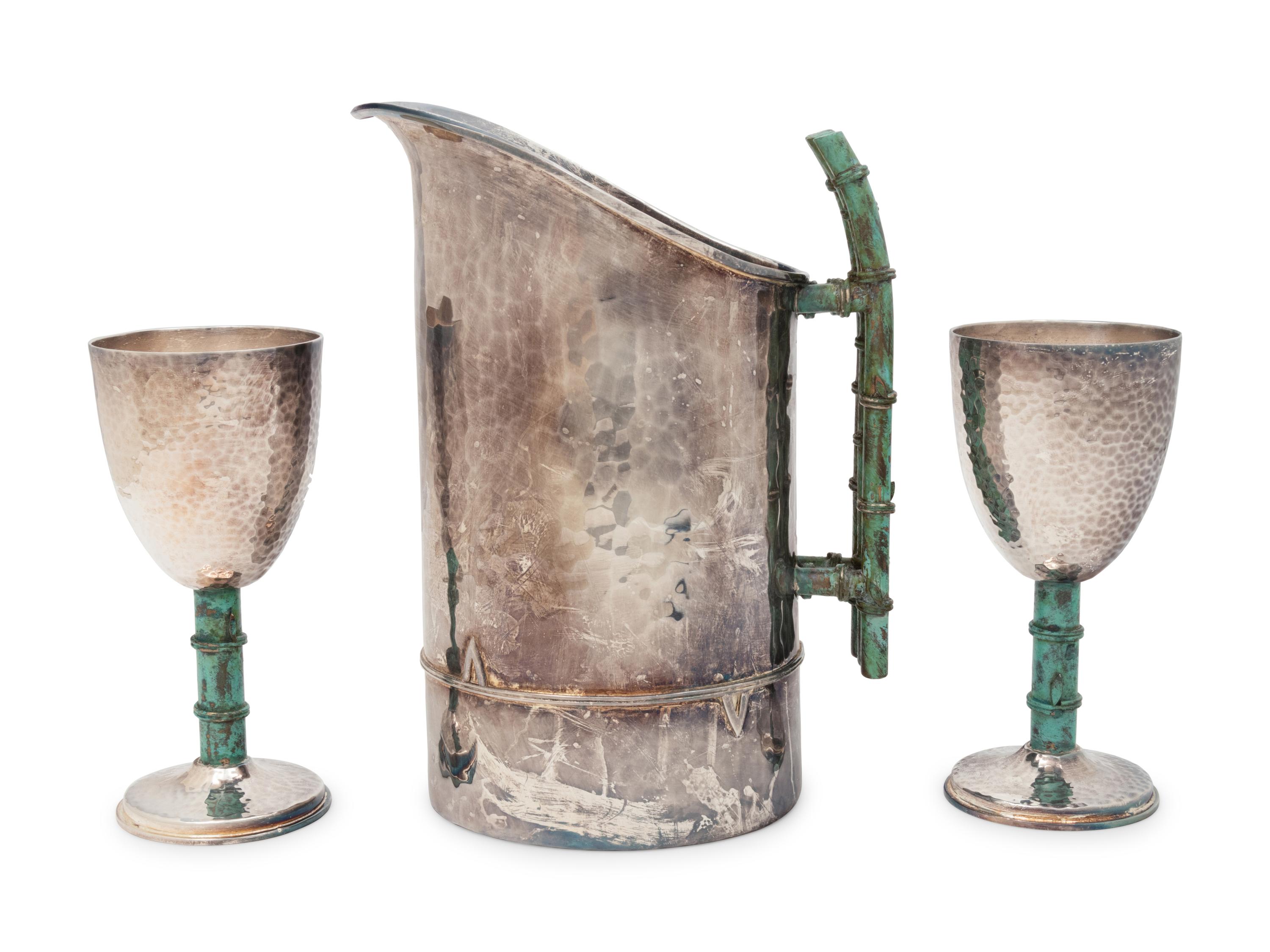 An Emilia Castillo Silver-Plate and Hardstone Mounted Water Pitcher and Two Goblets