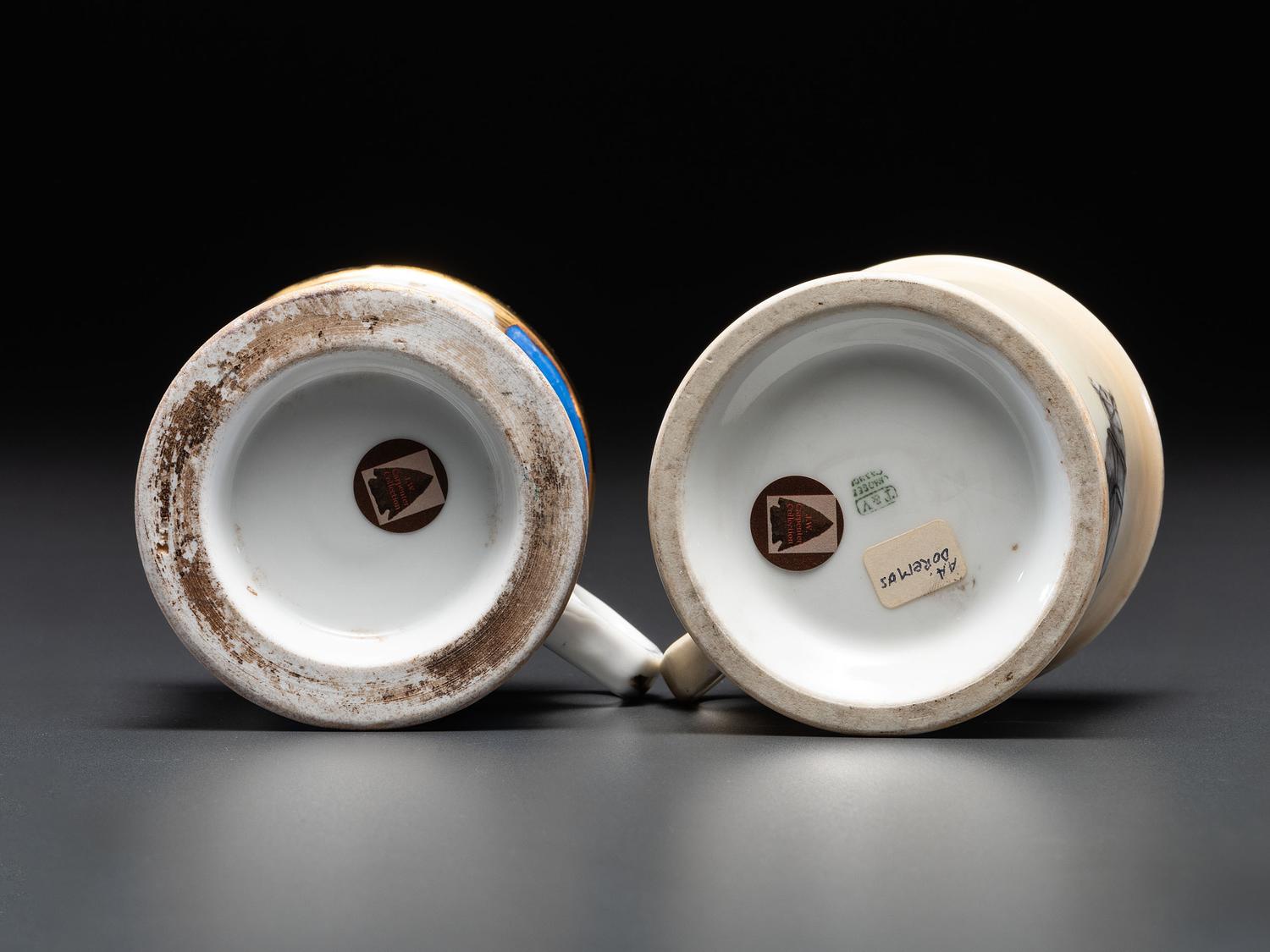 Two Horse-Drawn Delivery Wagon Porcelain Occupational Shaving Mugs