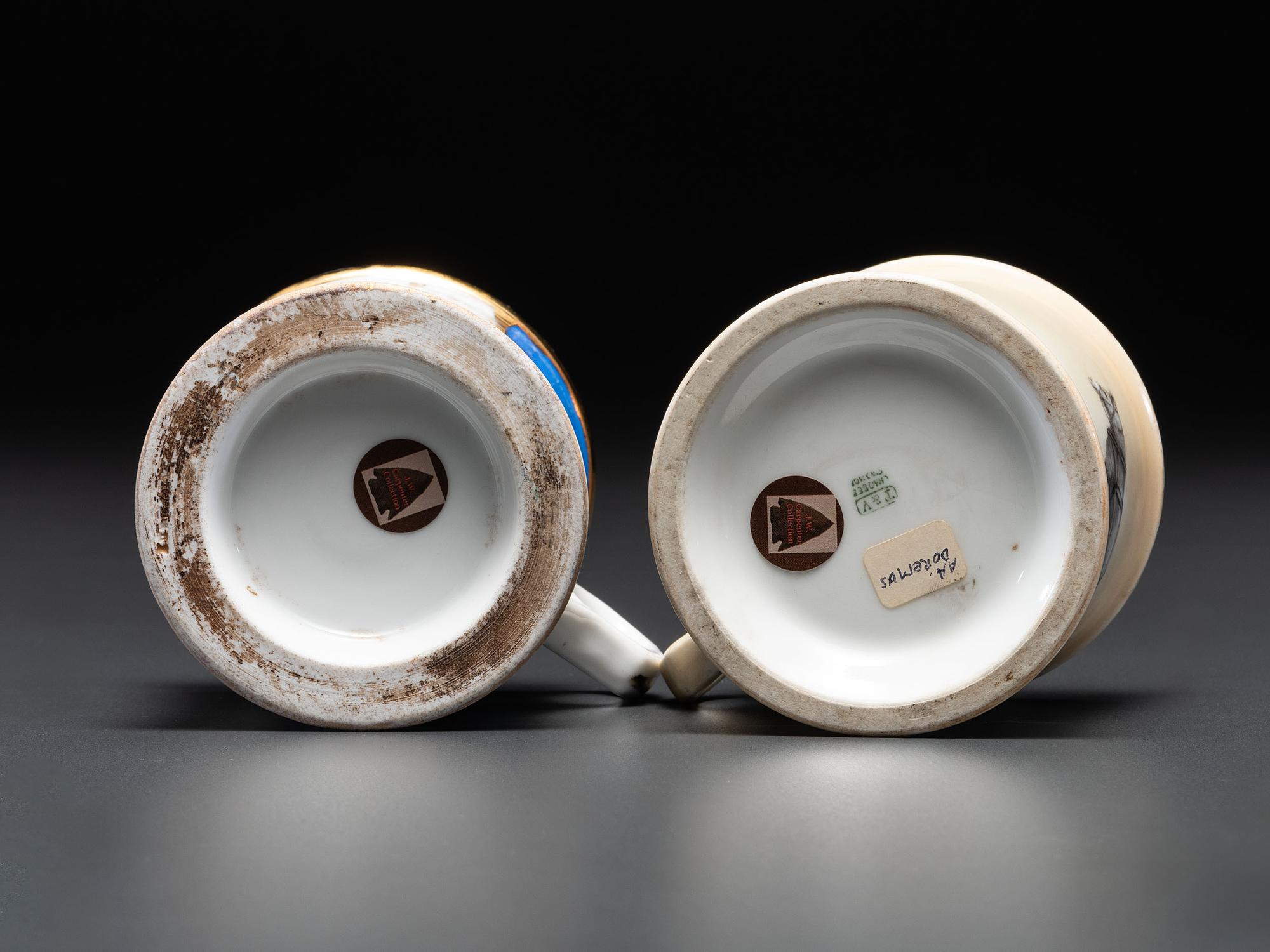 Two Horse-Drawn Delivery Wagon Porcelain Occupational Shaving Mugs