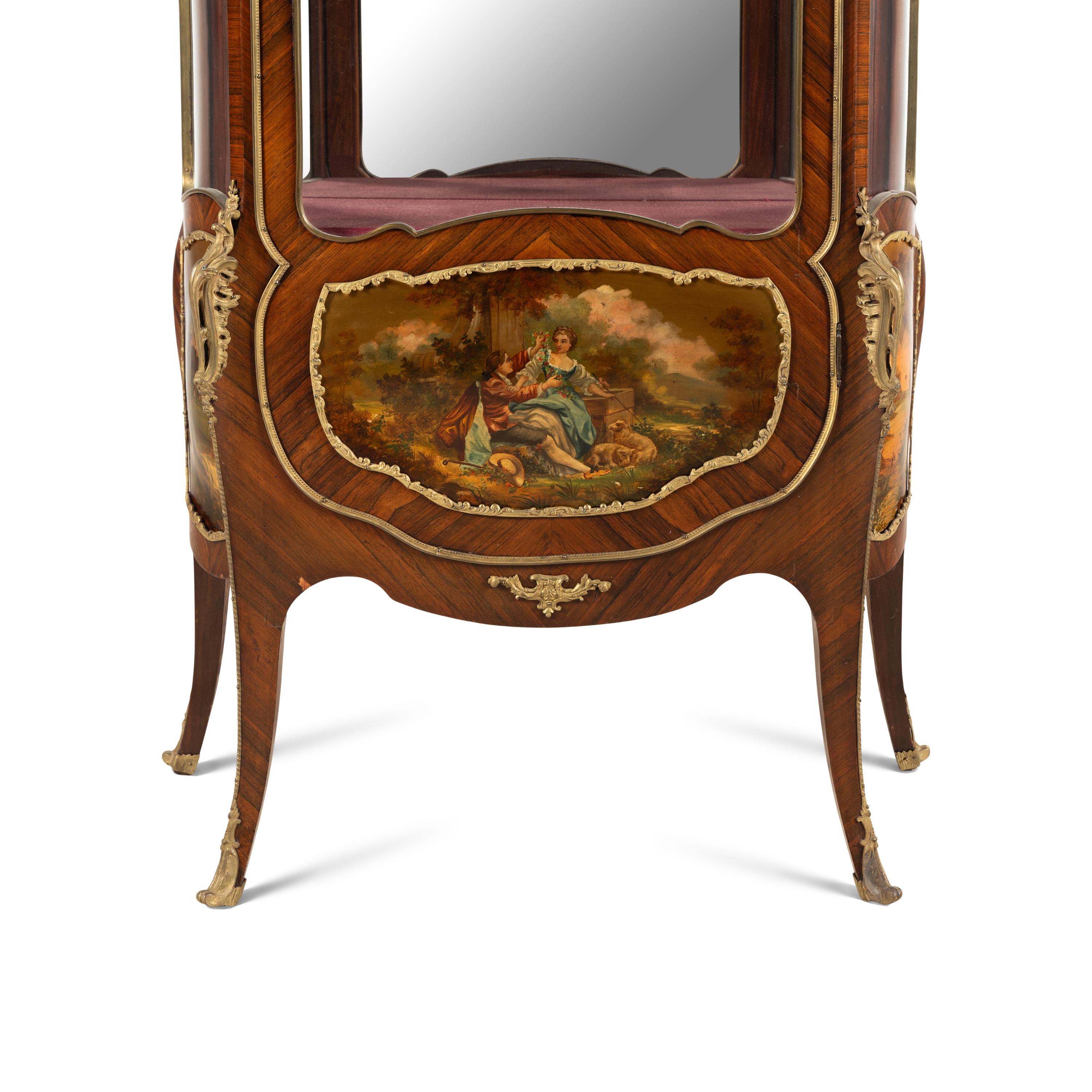 A Pair of Louis XV Style Kingwood, Vernis Martin and Gilt Bronze Mounted Vitrine Cabinets