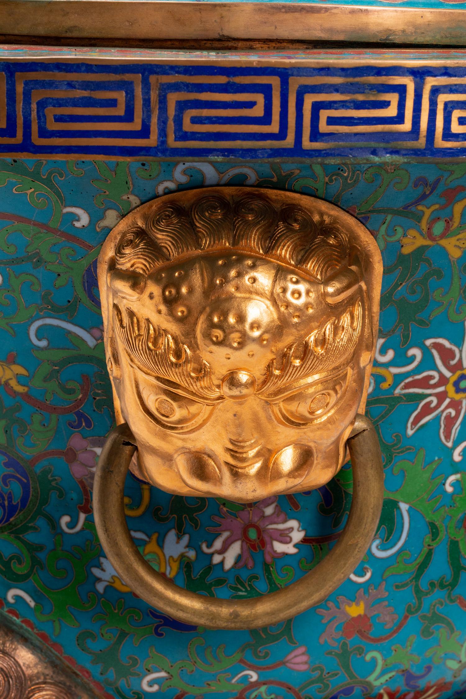 A Pair of Large Chinese Export Gilt Bronze and Cloisonné Censers on Wood Stands