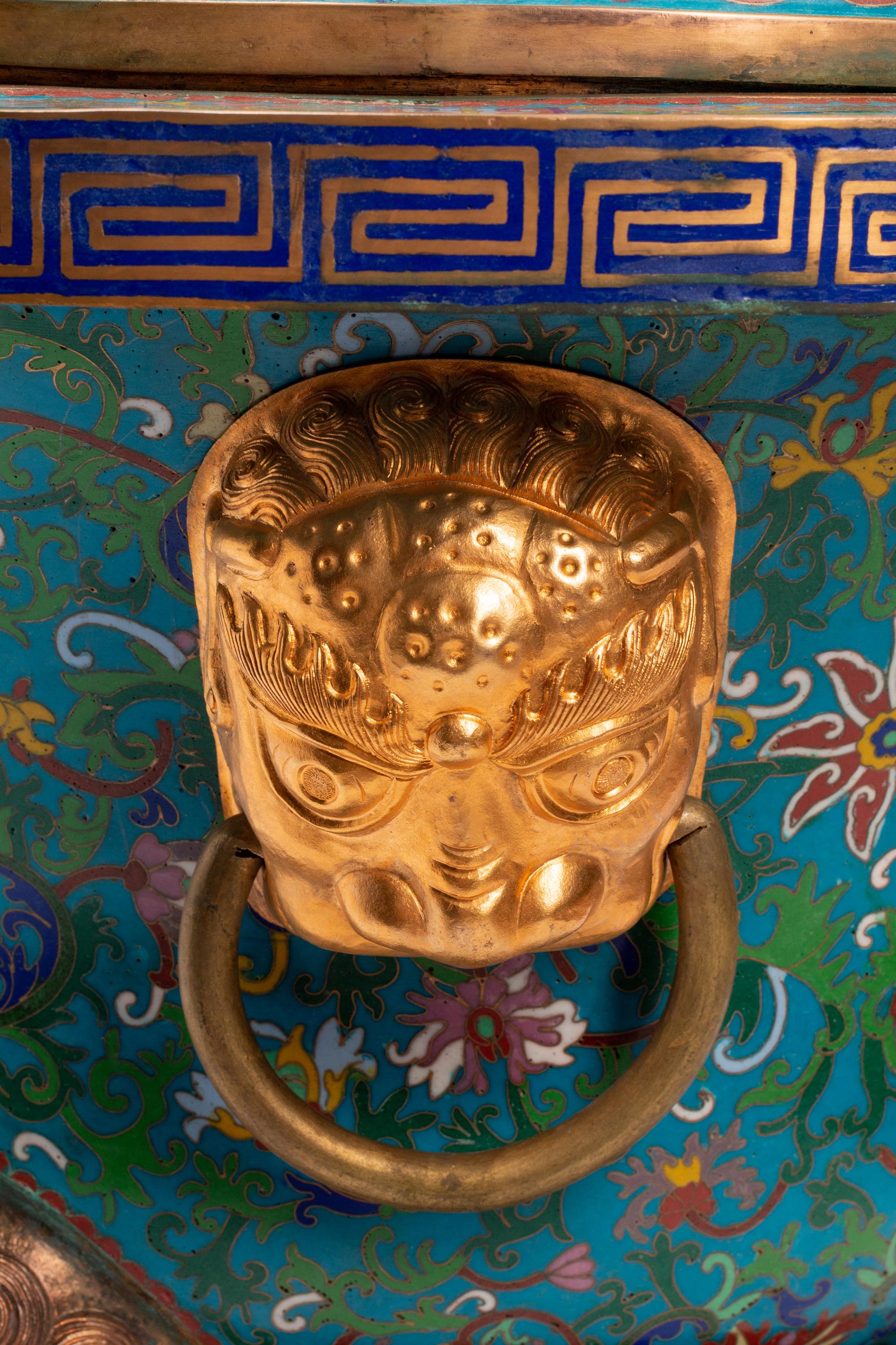 A Pair of Large Chinese Export Gilt Bronze and Cloisonné Censers on Wood Stands
