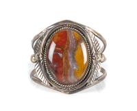 Southwestern Silver and Agate Cuff Bracelet Length 5 1/4 x opening 7/8 x width 2 1/8 inches