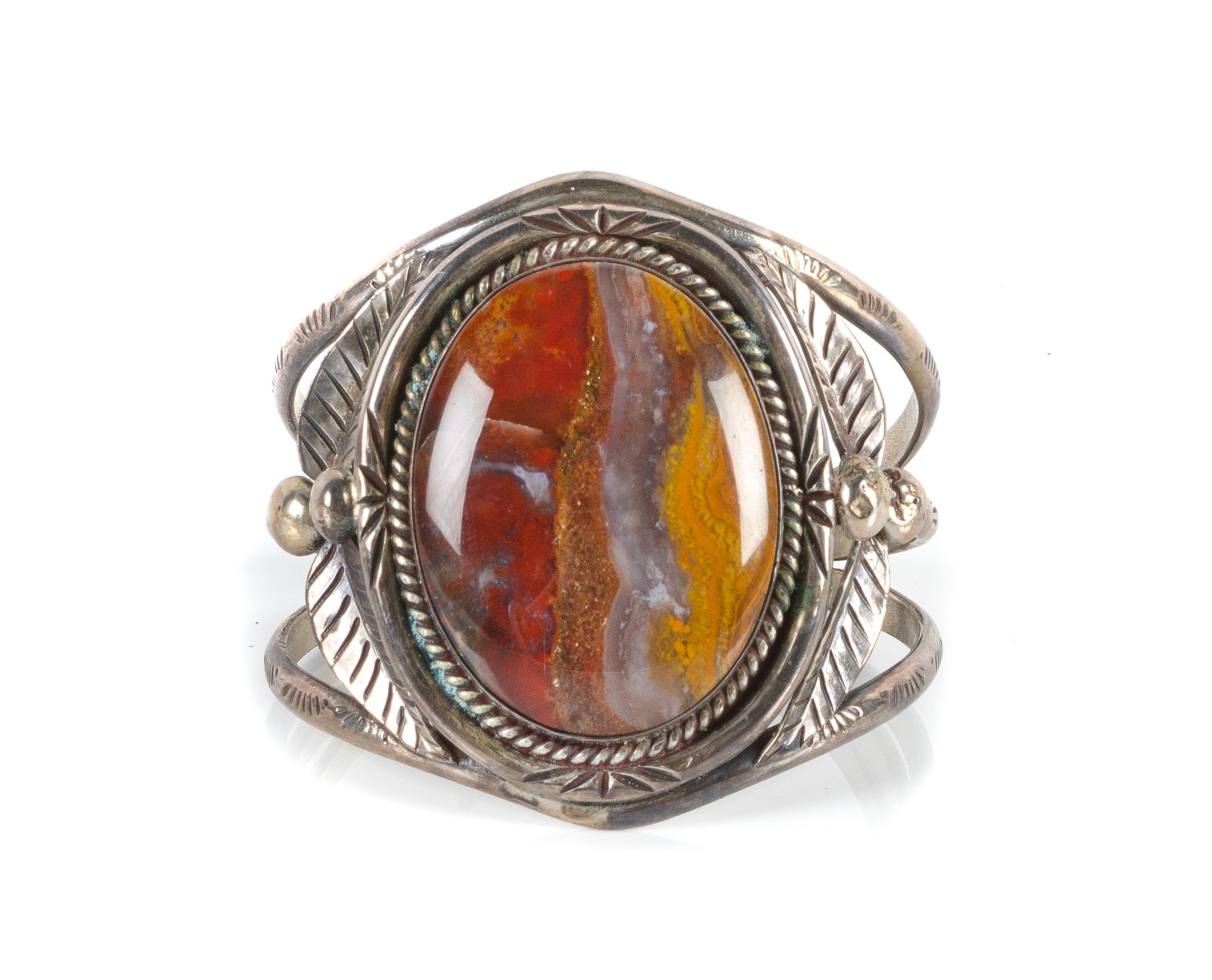 Southwestern Silver and Agate Cuff Bracelet Length 5 1/4 x opening 7/8 x width 2 1/8 inches