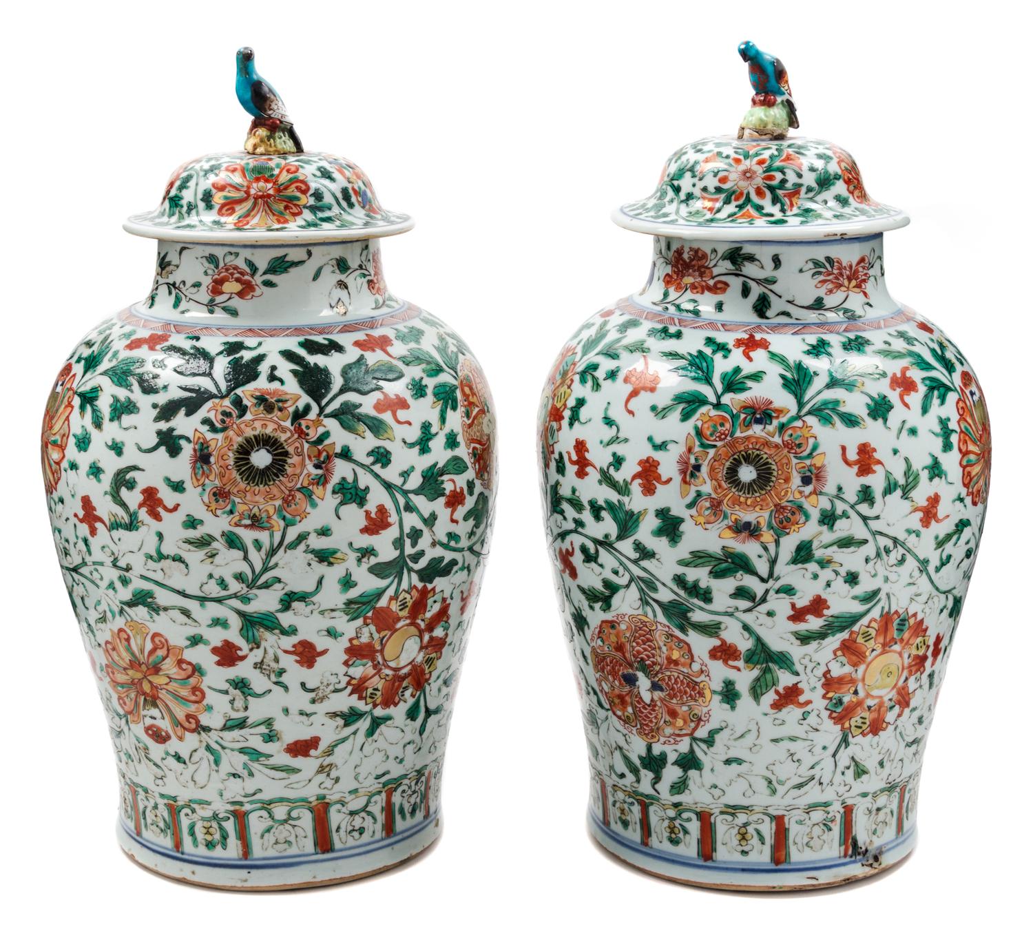 A Pair of Wucai Porcelain Jars and Covers — 19TH CENTURY