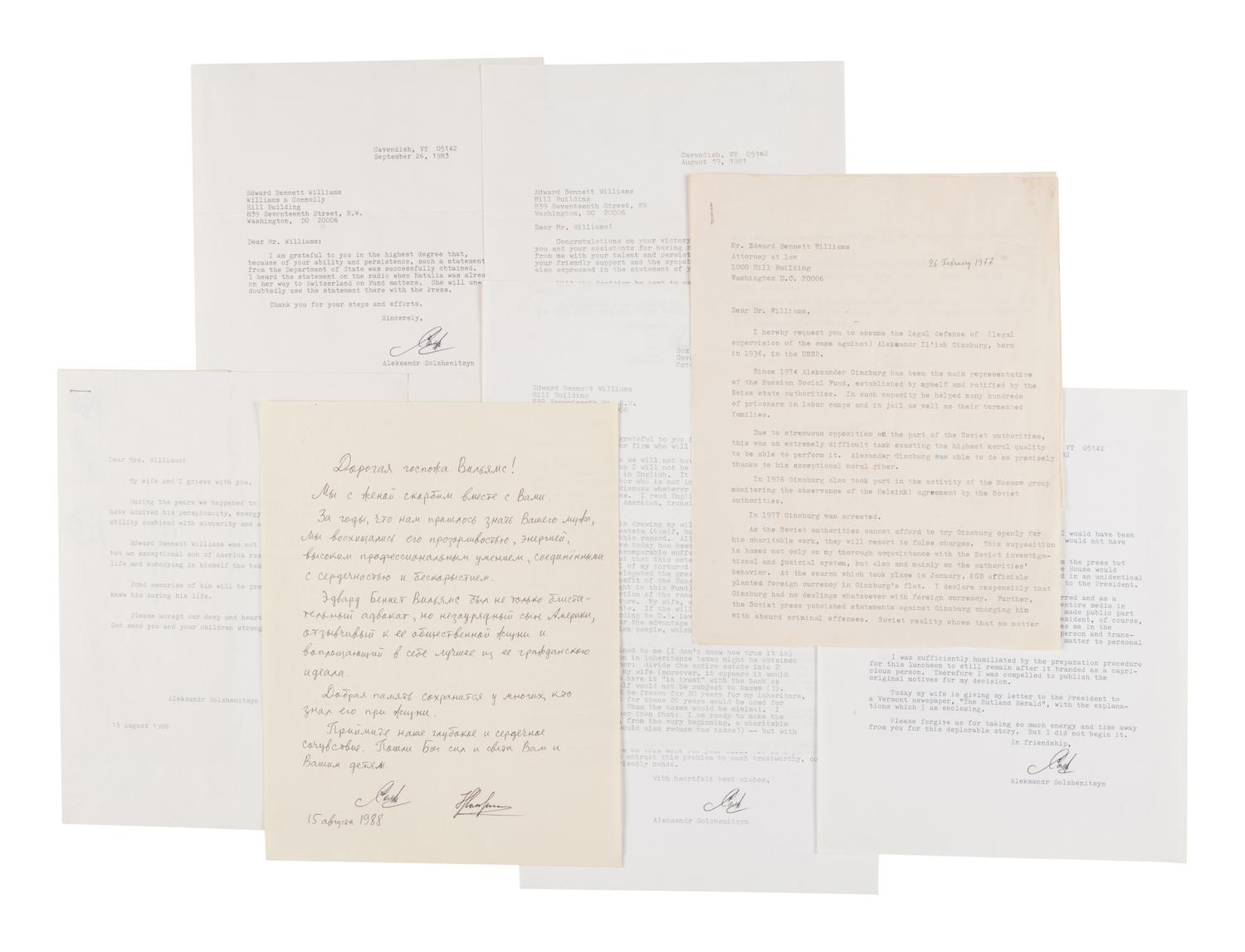 SOLZHENITSYN, Alexander (1918-2008). An archive of correspondence to Edward Bennett Williams, including letters regarding a luncheon with President Ronald Reagan.