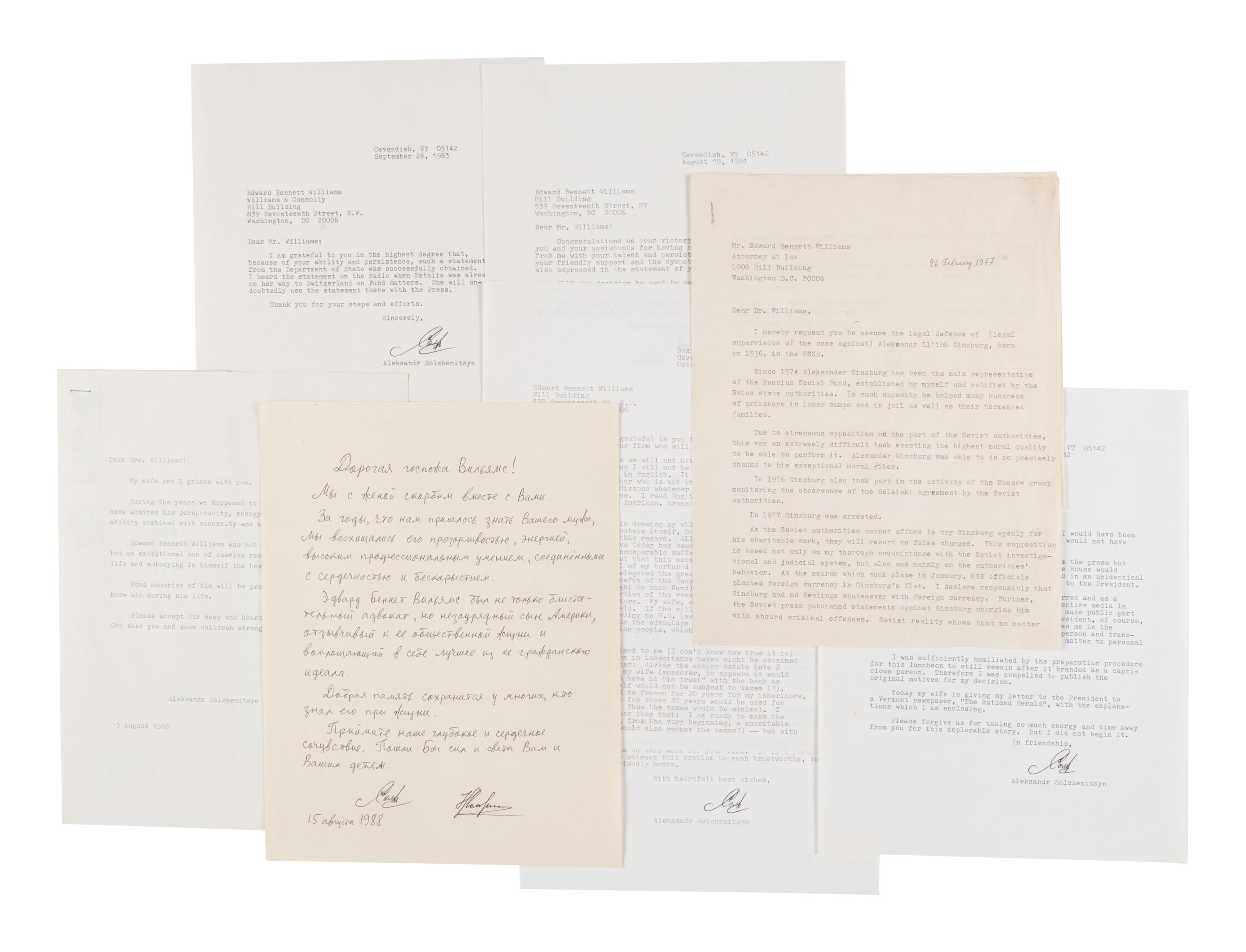 SOLZHENITSYN, Alexander (1918-2008). An archive of correspondence to Edward Bennett Williams, including letters regarding a luncheon with President Ronald Reagan.