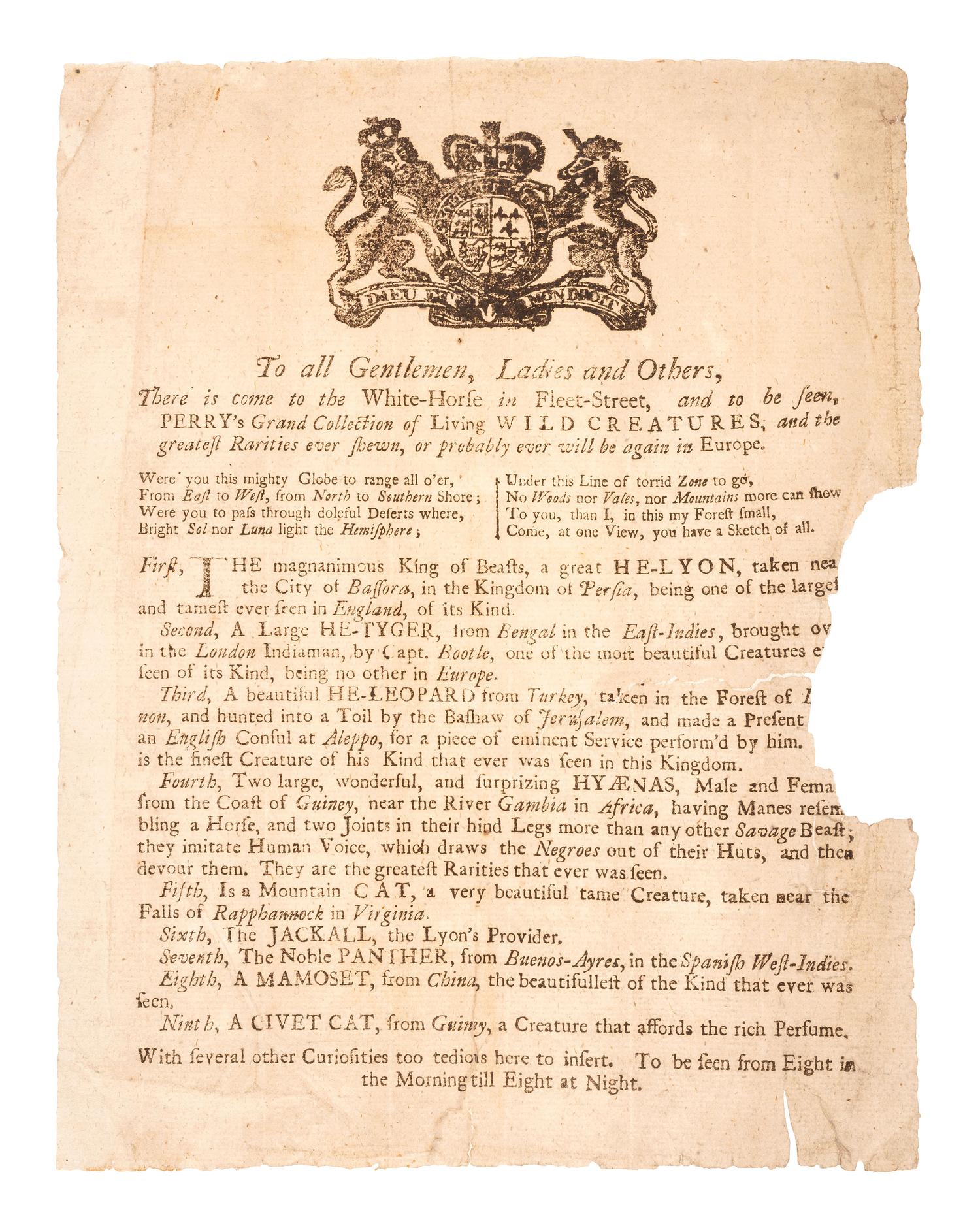 [PRINTING]. Joseph Harris Watch Maker & Goldsmith. Trade card. [ With :] Menagerie broadside.