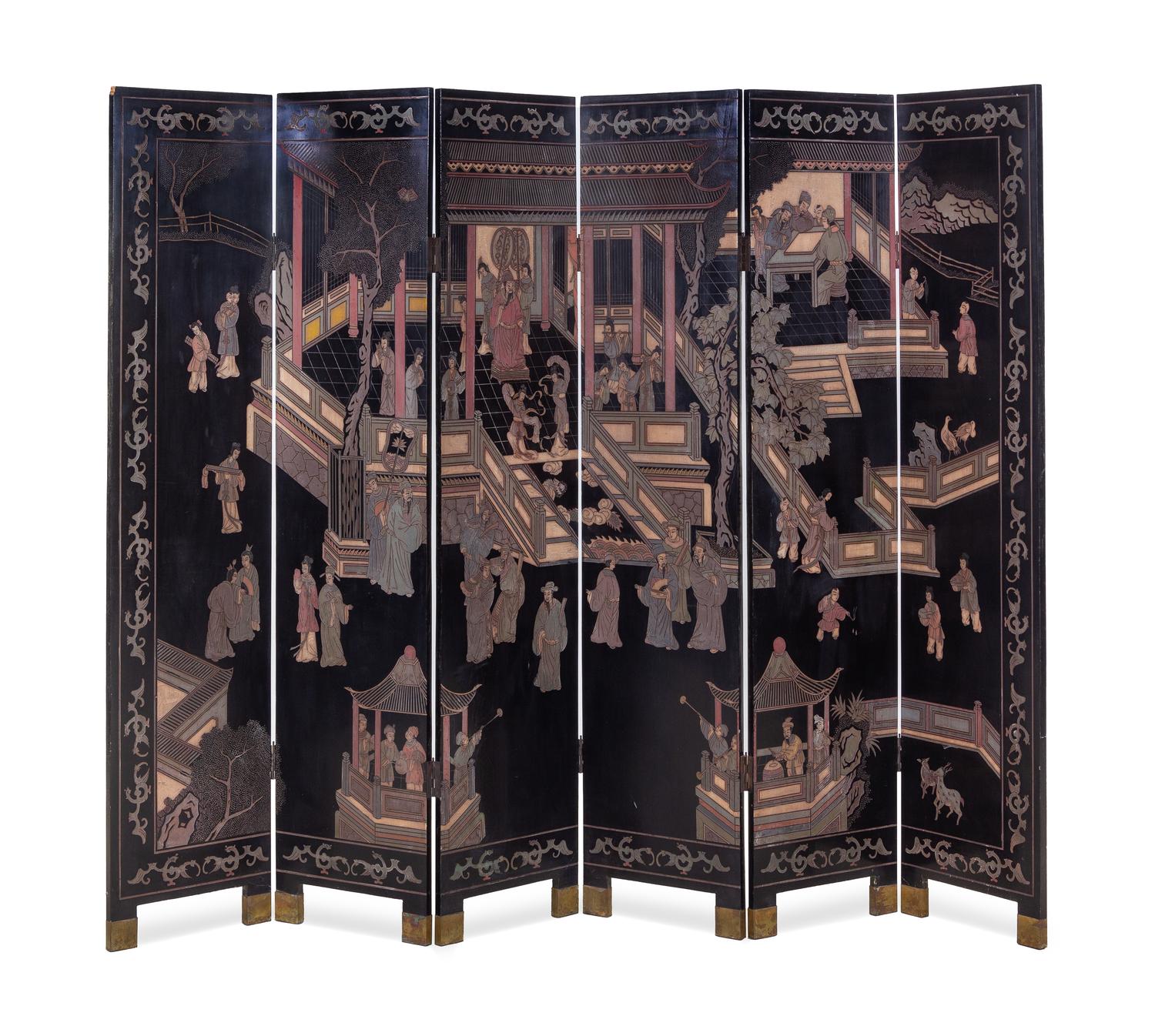 A Chinese Six-Panel Coromandel Polychrome Lacquered Floor Screen