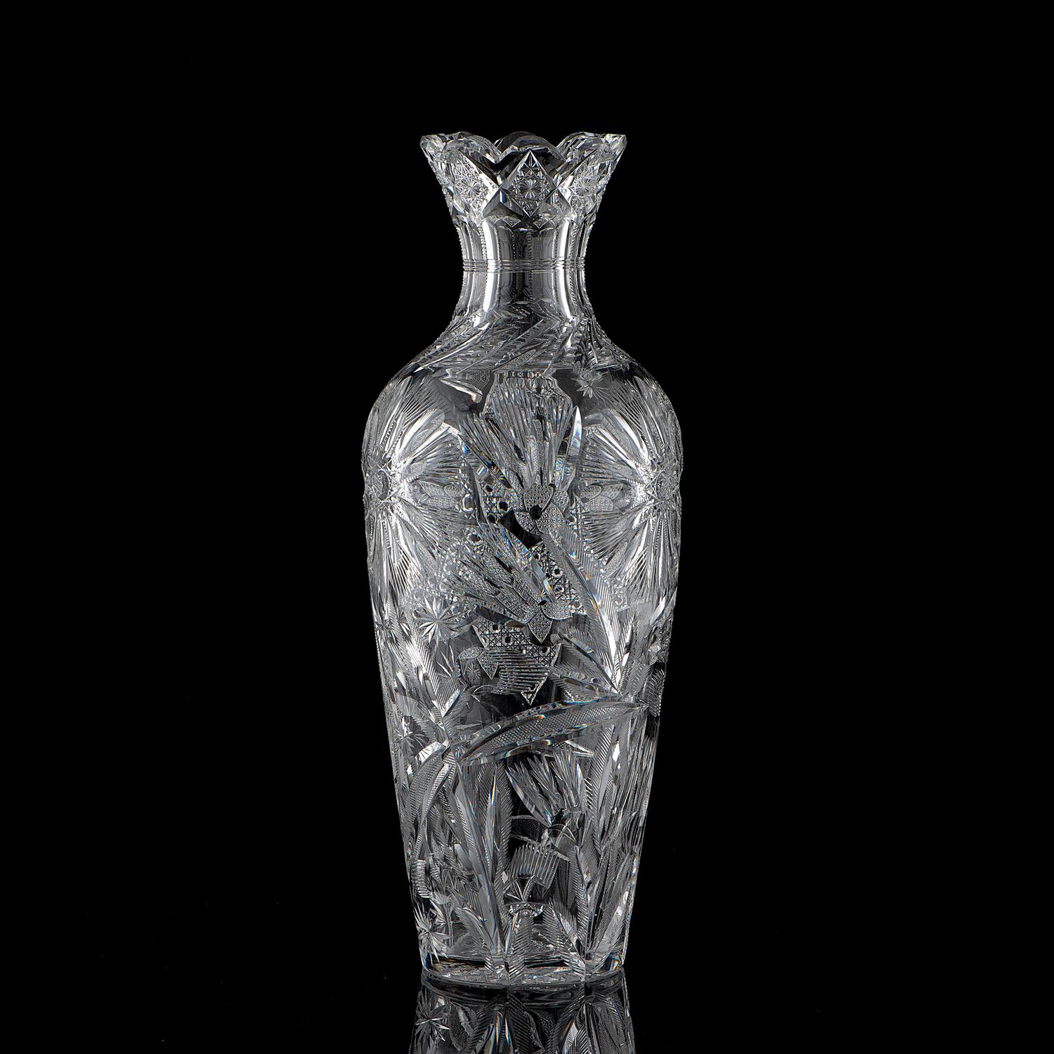 A Brilliant-Period Cut Glass Vase with Flowers, Possibly by W.C. Anderson or Strauss