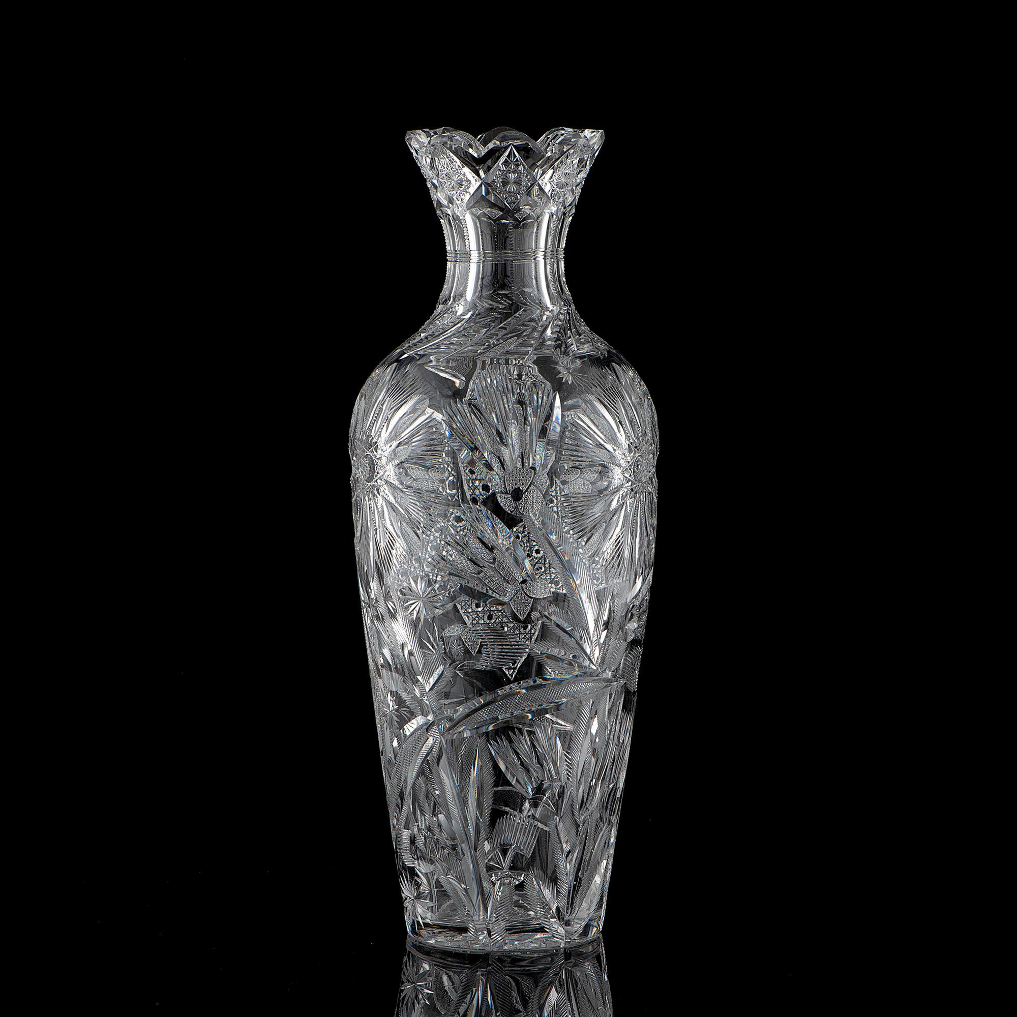 A Brilliant-Period Cut Glass Vase with Flowers, Possibly by W.C. Anderson or Strauss