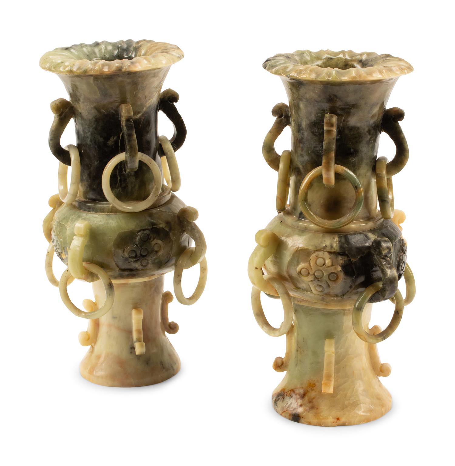 A Pair of Chinese Archaistic Carved Hardstone Vases