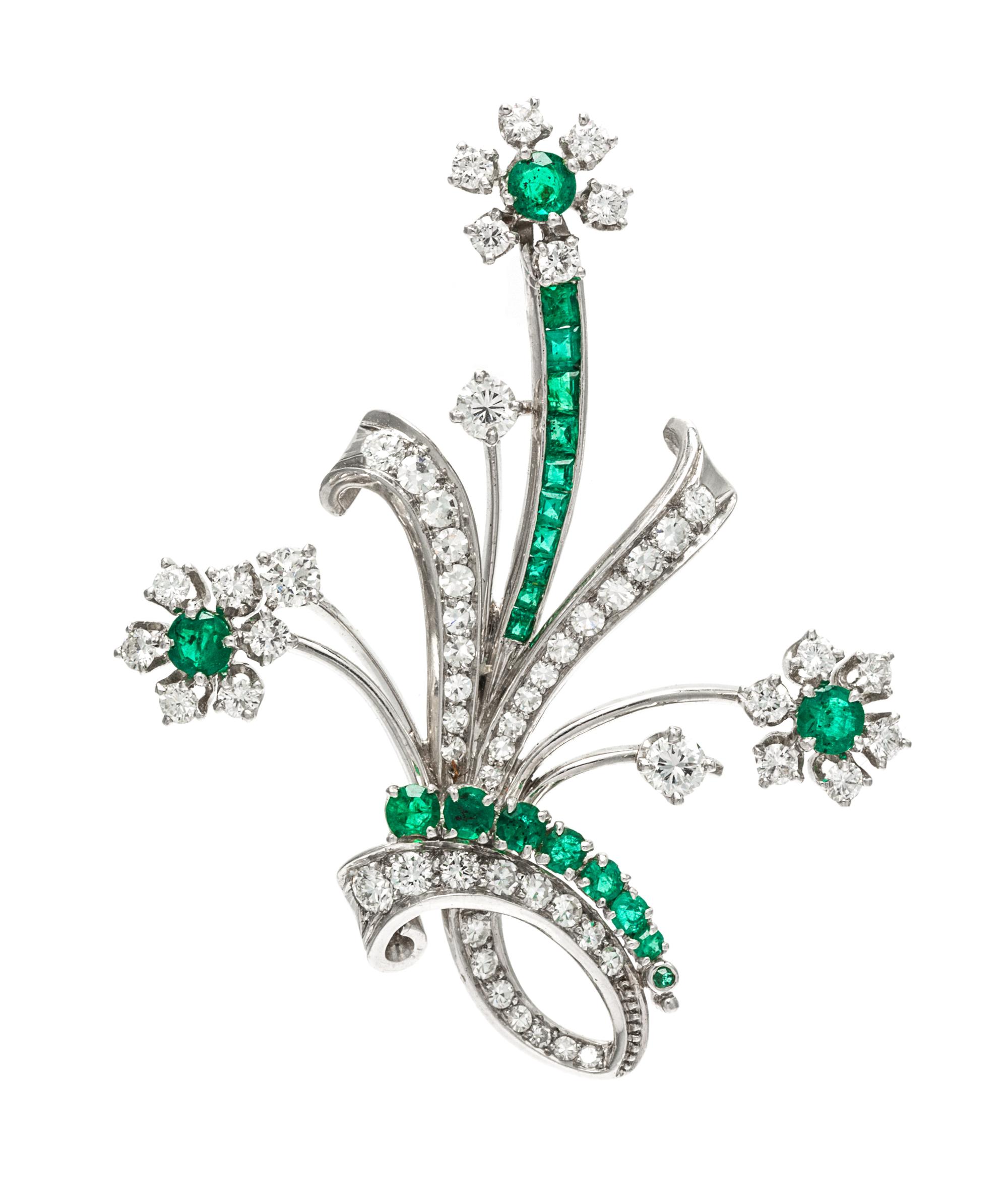 A Platinum, Emerald and Diamond Brooch, 8.00 dwts.