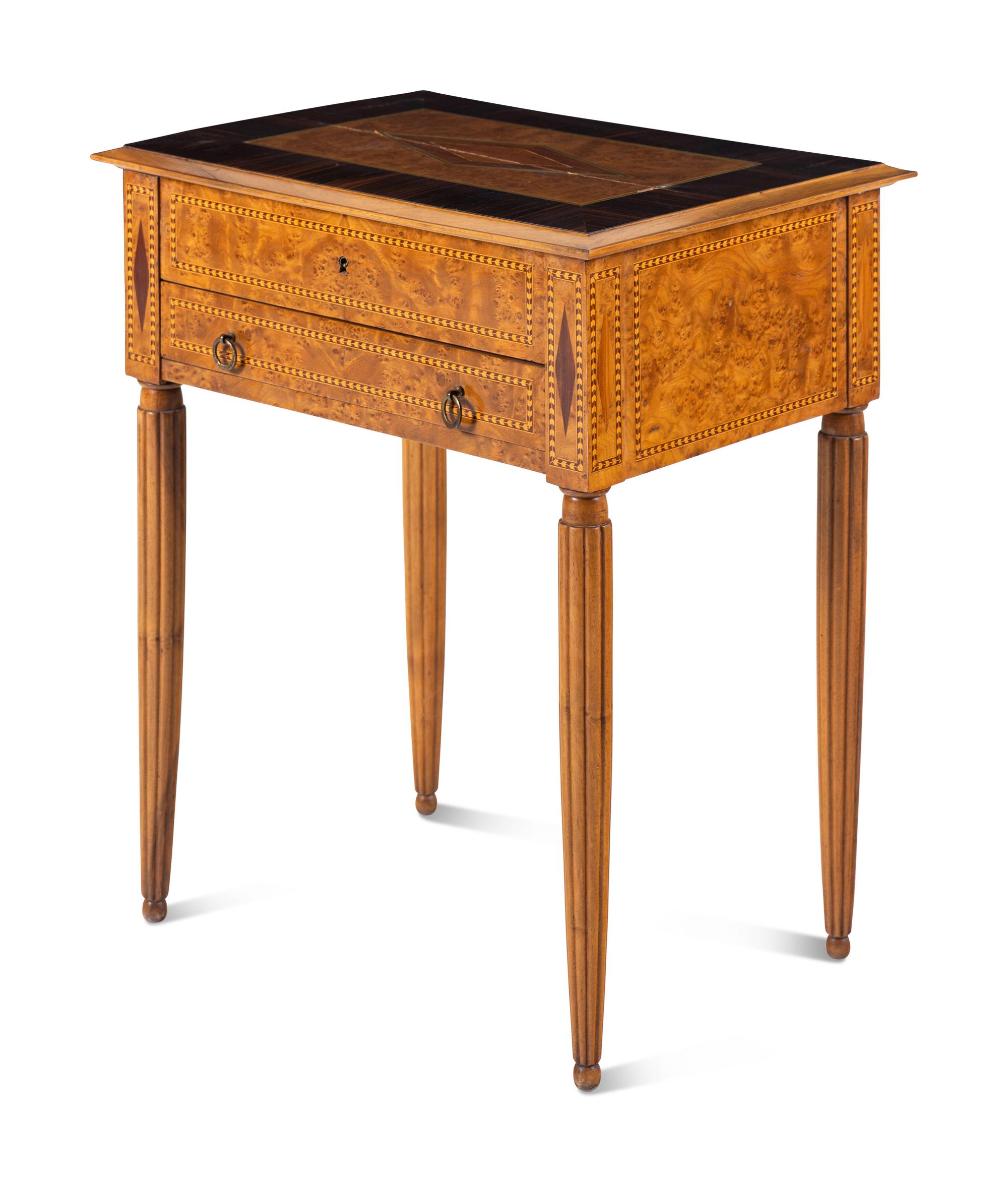 A Continental Burl Walnut, Calamander and Marquetry Side Table