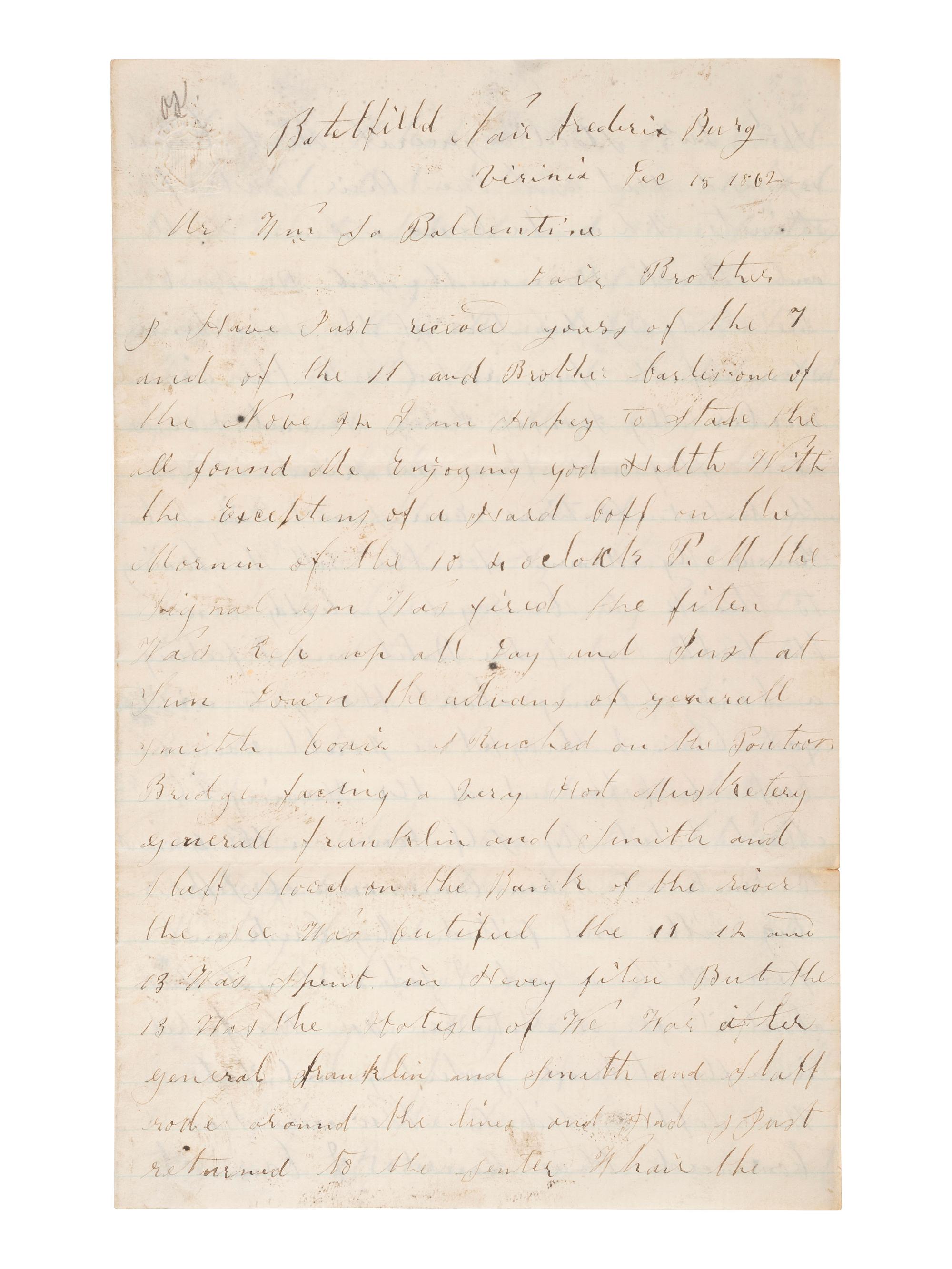 [CIVIL WAR]. Manuscript archive of Sergeant Hamilton Ballentine (1833-1920), Co. K, 6th Pennsylvania Cavalry, "Rush's Lancers," featuring battle content from key engagements and descriptions of "Sheridan's Raiders."