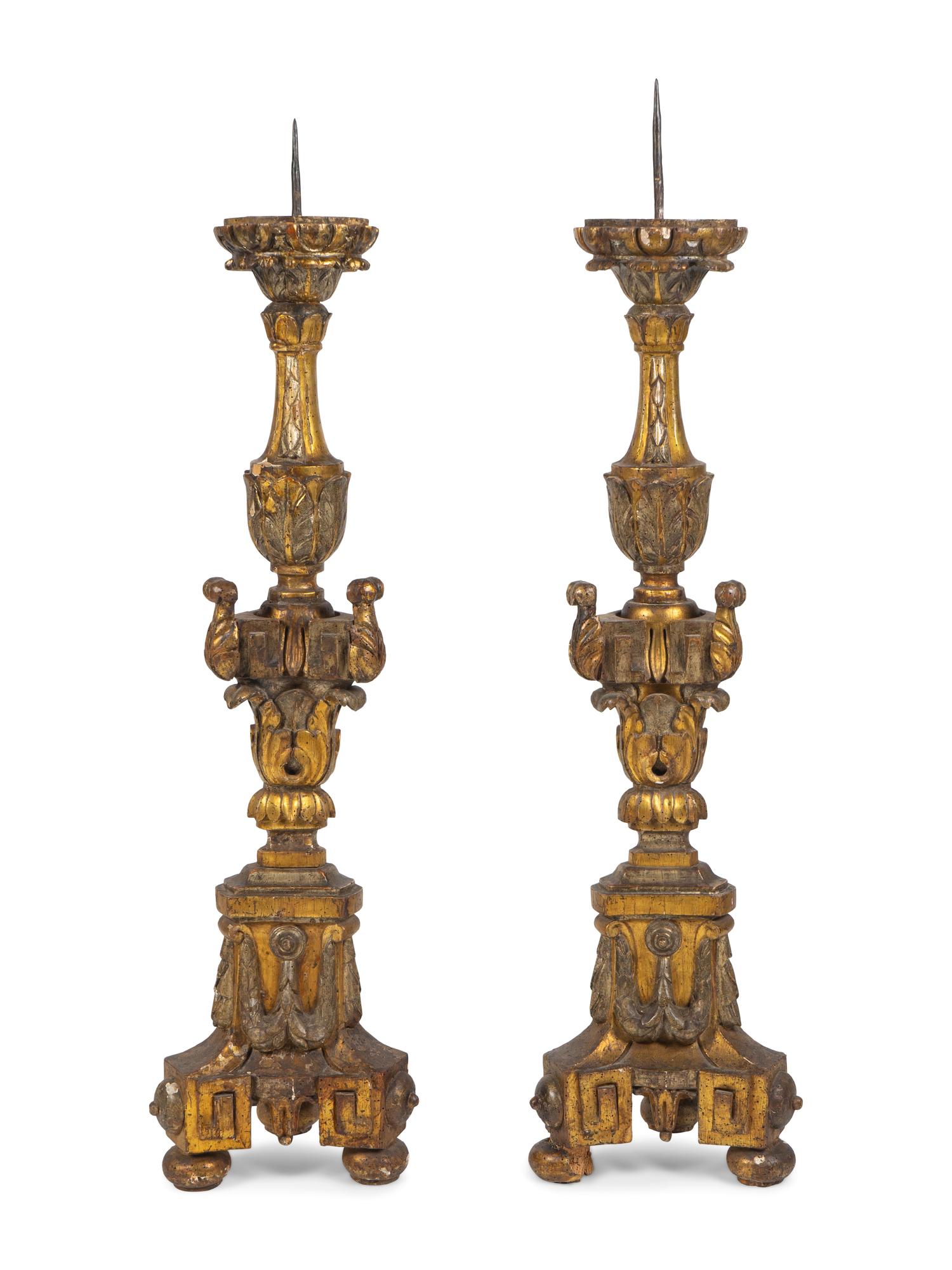 A Large Pair of Italian Baroque Style Giltwood Pricket Sticks — 19TH CENTURY