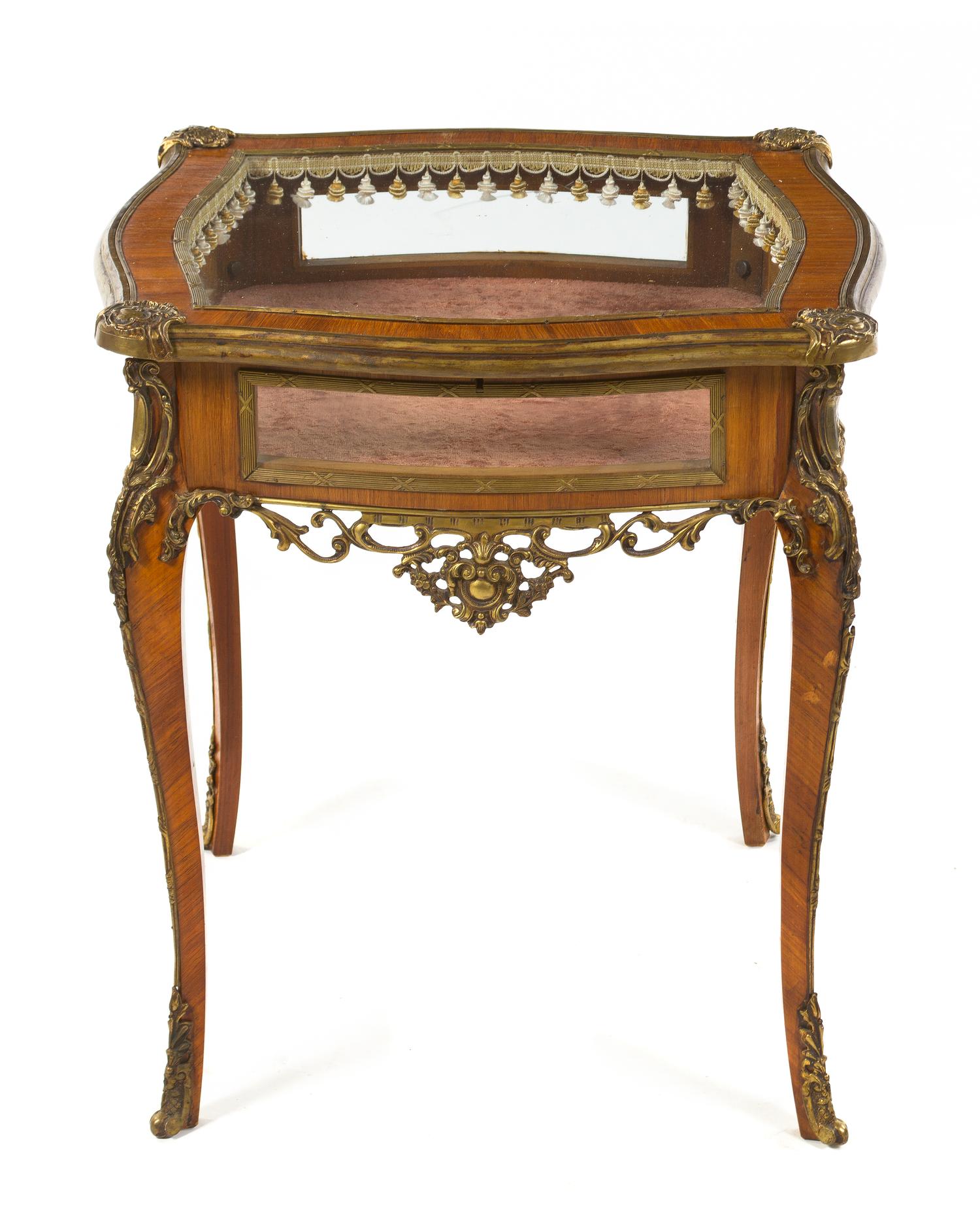 A Louis XV Style Gilt Metal Mounted Kingwood Vitrine Table, Height 28 x width 26 x depth 26 inches.
