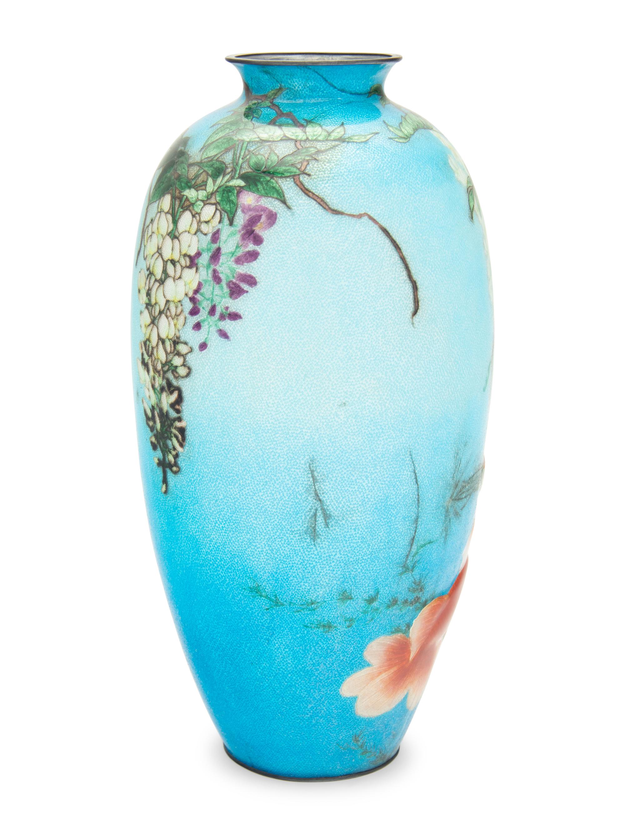 A Japanese Blue Ground Ginbari Cloisonné 'Goldfish and Wisteria' Vase