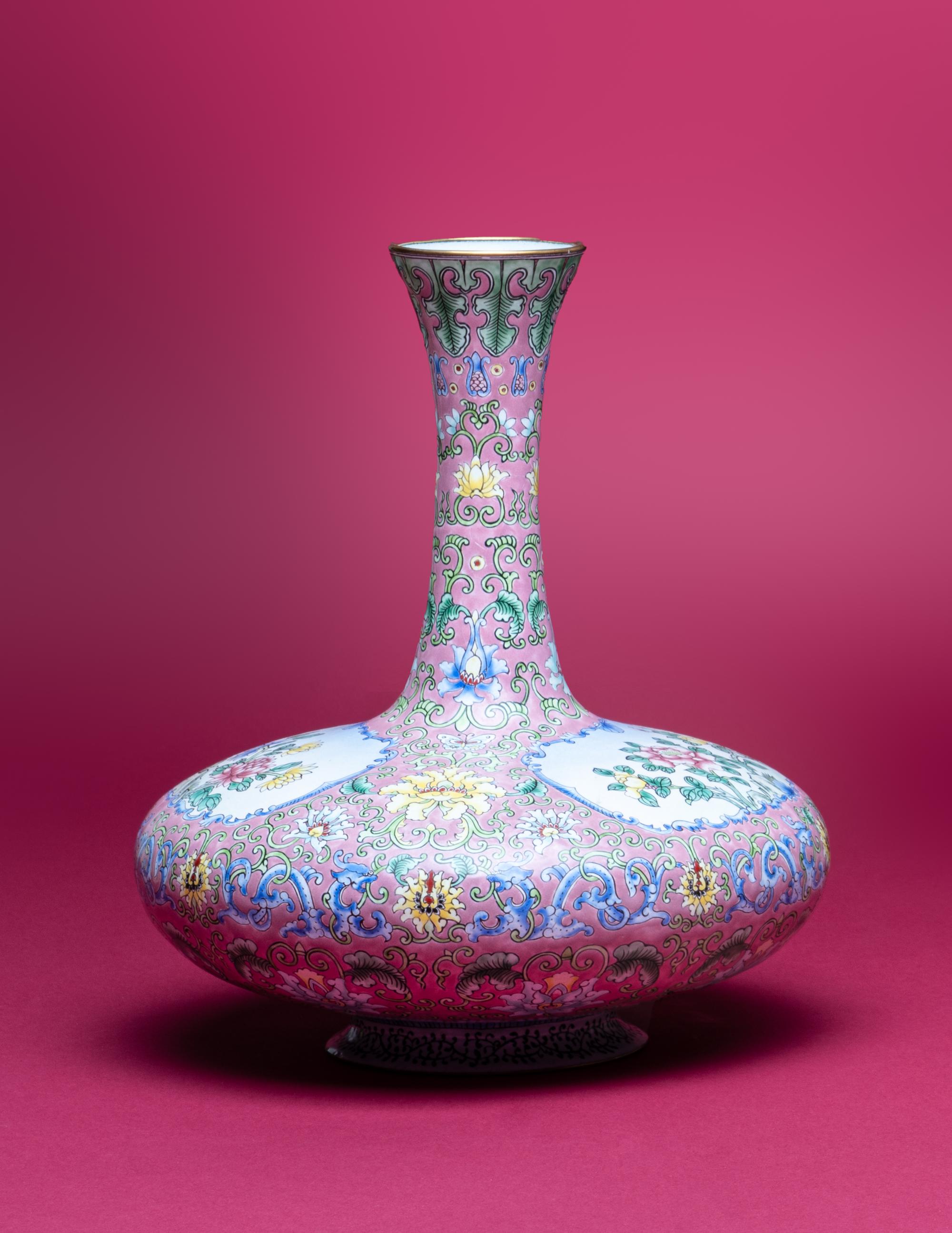 A Pink Ground Canton Enamel Bottle Vase, Biqiping