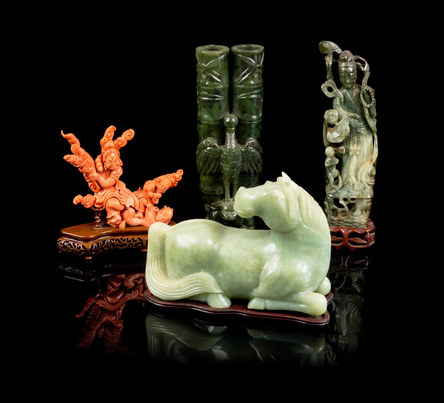 Four Hardstone and Coral Carvings Height of highest 12 inches.